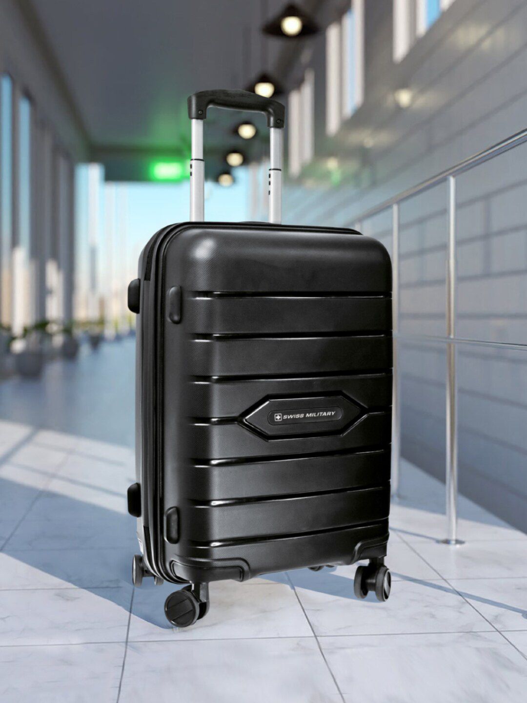 SWISS MILITARY Black Textured Hard-Sided Cabin Trolley Suitcase Price in India