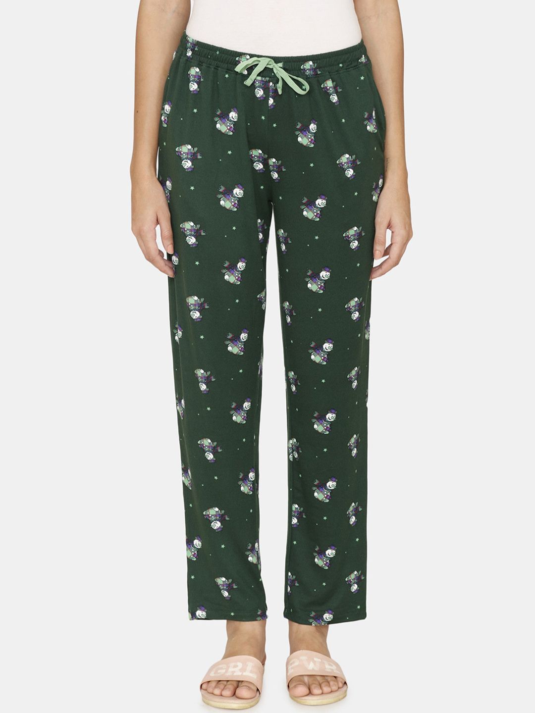 Zivame Women Green & White Rudolph Printed Lounge Pants Price in India