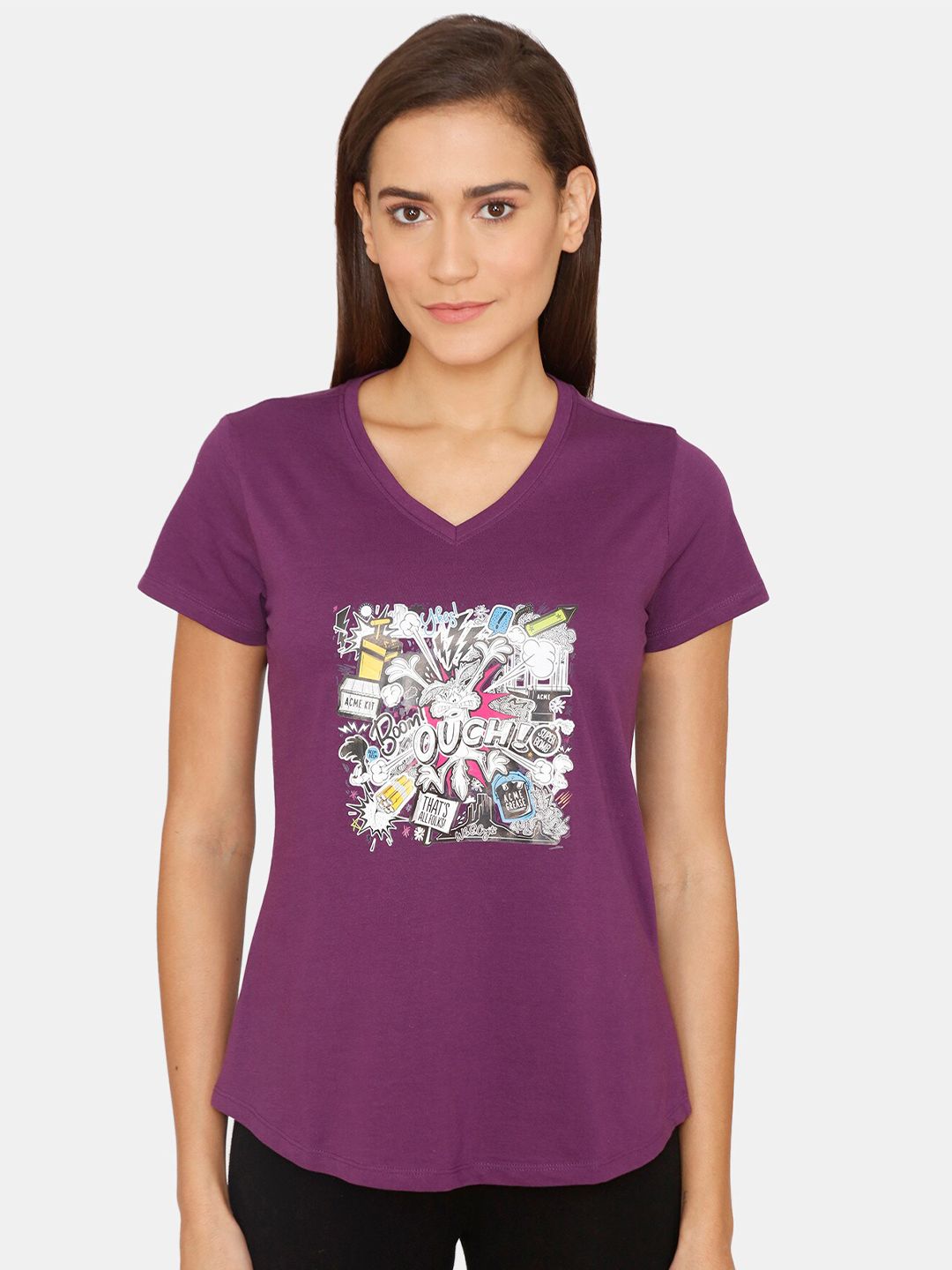 Zivame Purple Printed Lounge Pure Cotton Tshirt Price in India