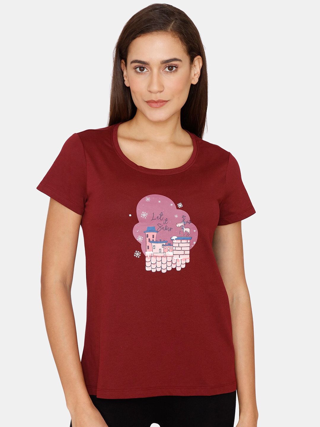 Zivame Women Red Printed Pure Cotton Lounge Tshirt Price in India
