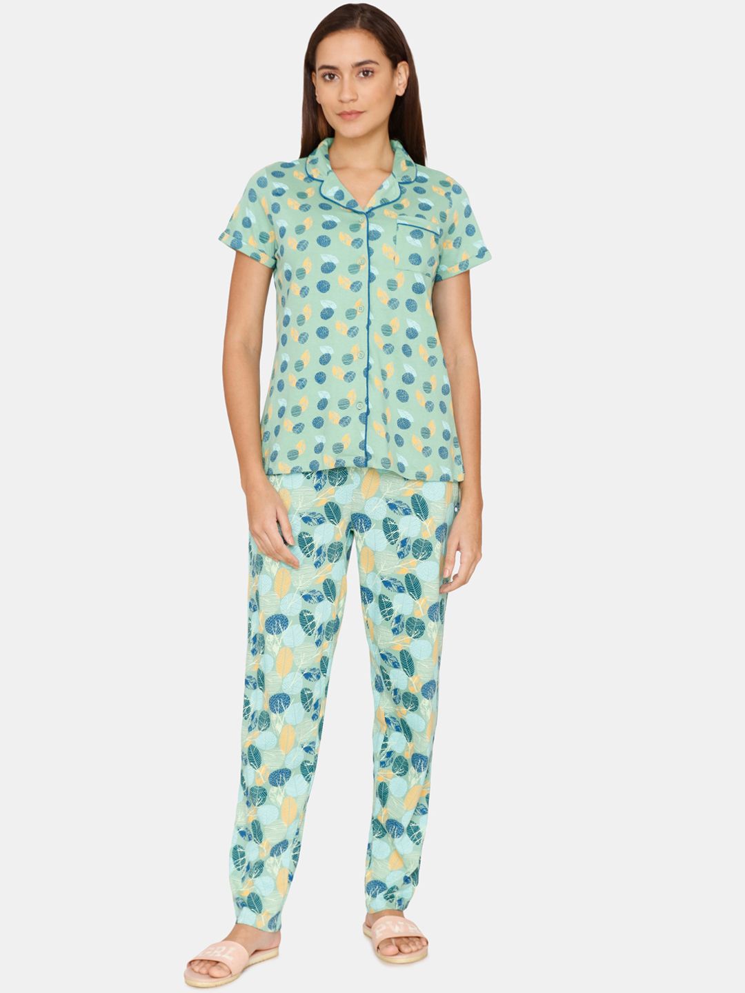 Zivame Women Green & Blue Printed Twigs Knit Cotton Pyjama Night suit Price in India