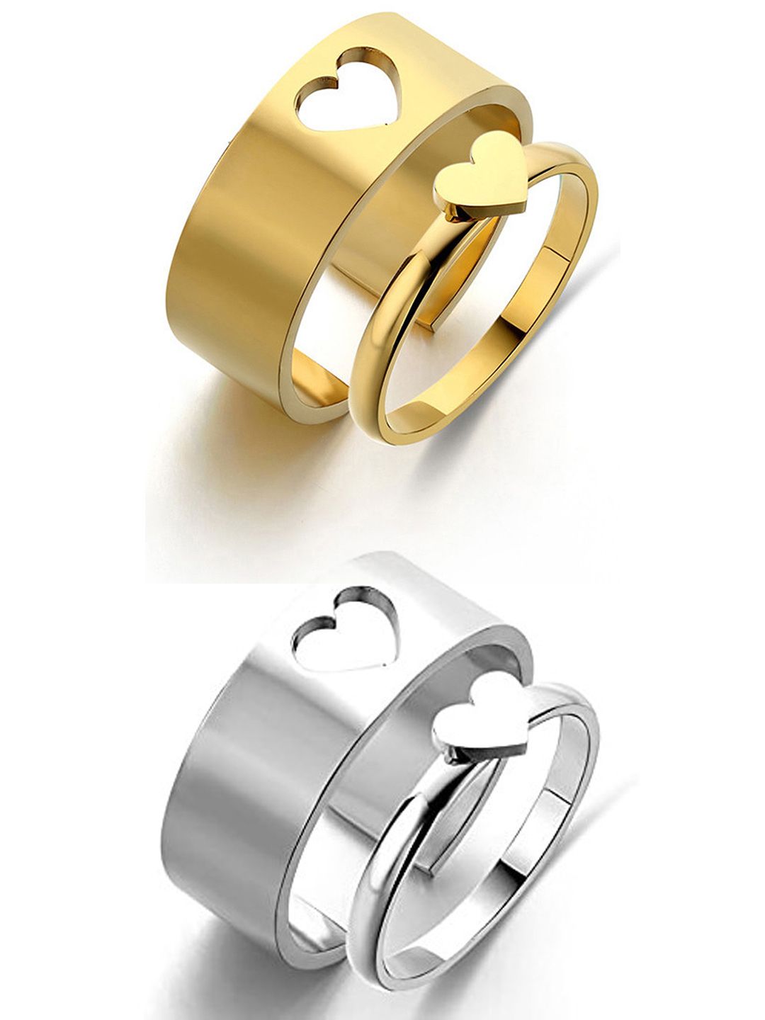 Vembley Set Of 2 Gold-Plated & Silver-Plated Heart Couple Finger Rings Price in India
