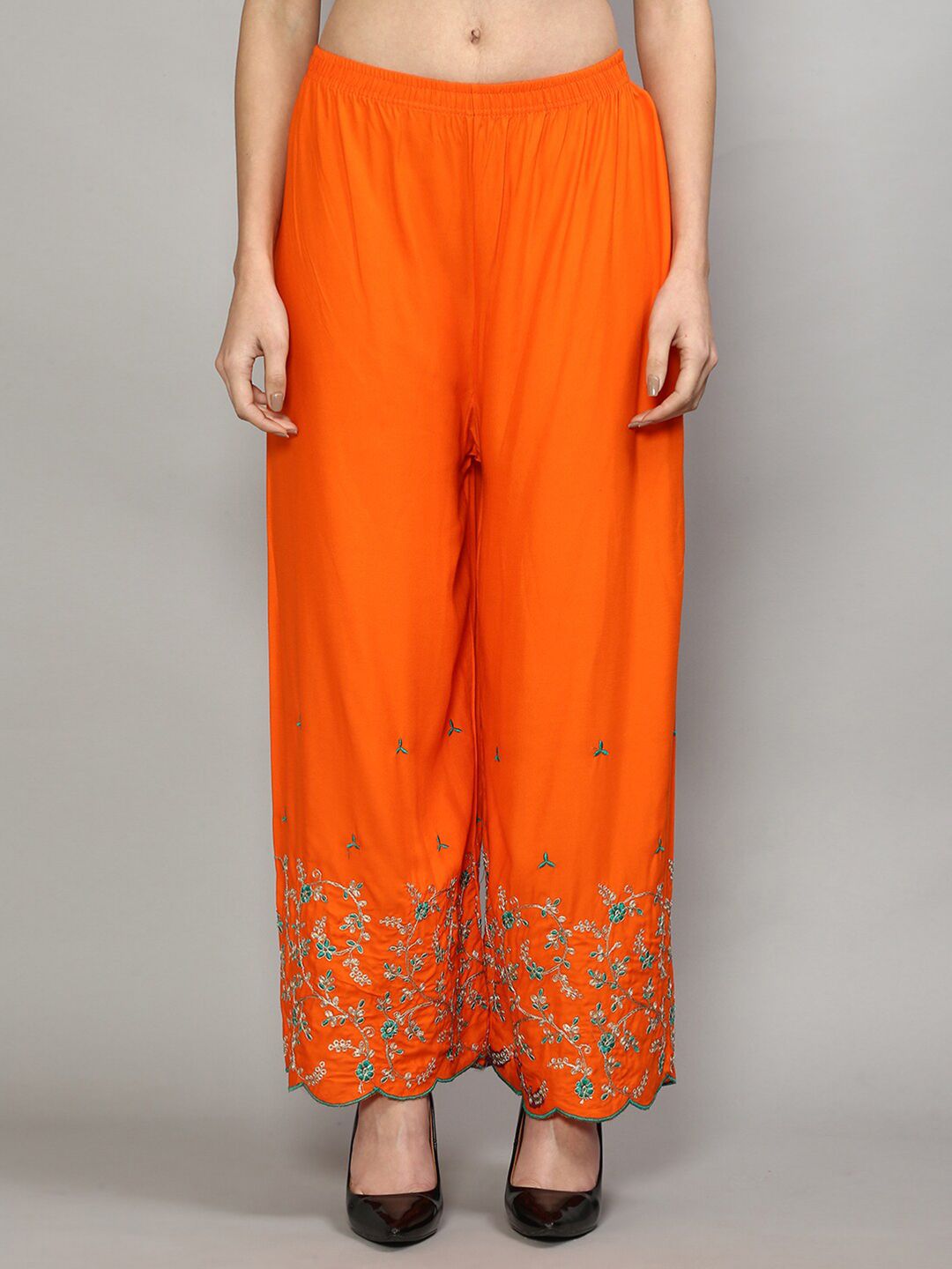 GRACIT Women Orange & Gold-Toned Floral Embroidered Ethnic Palazzos Price in India