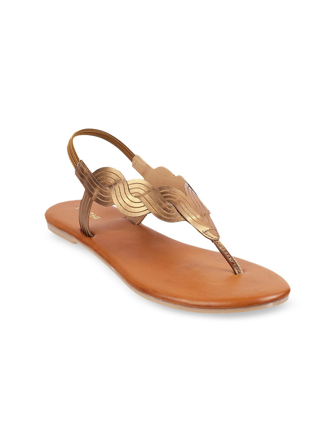 Mochi Women Gold-Toned T-Strap Flats Price in India