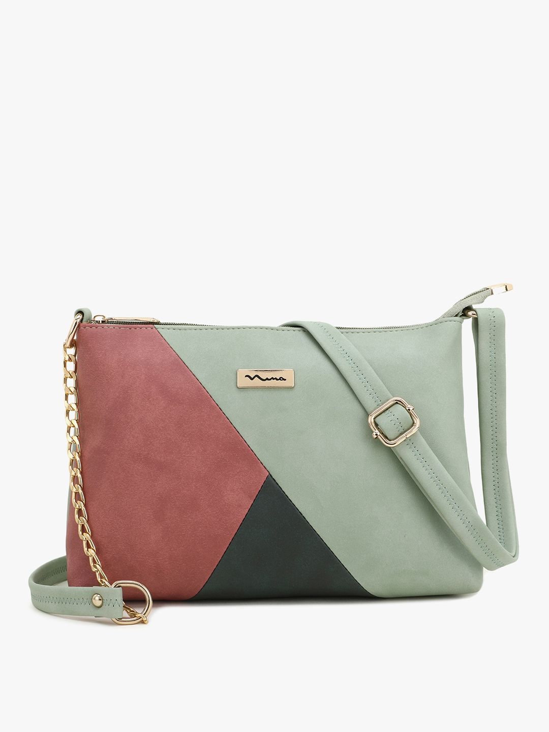 SHINING STAR Green & Red Colourblocked Structured Sling Bag Price in India