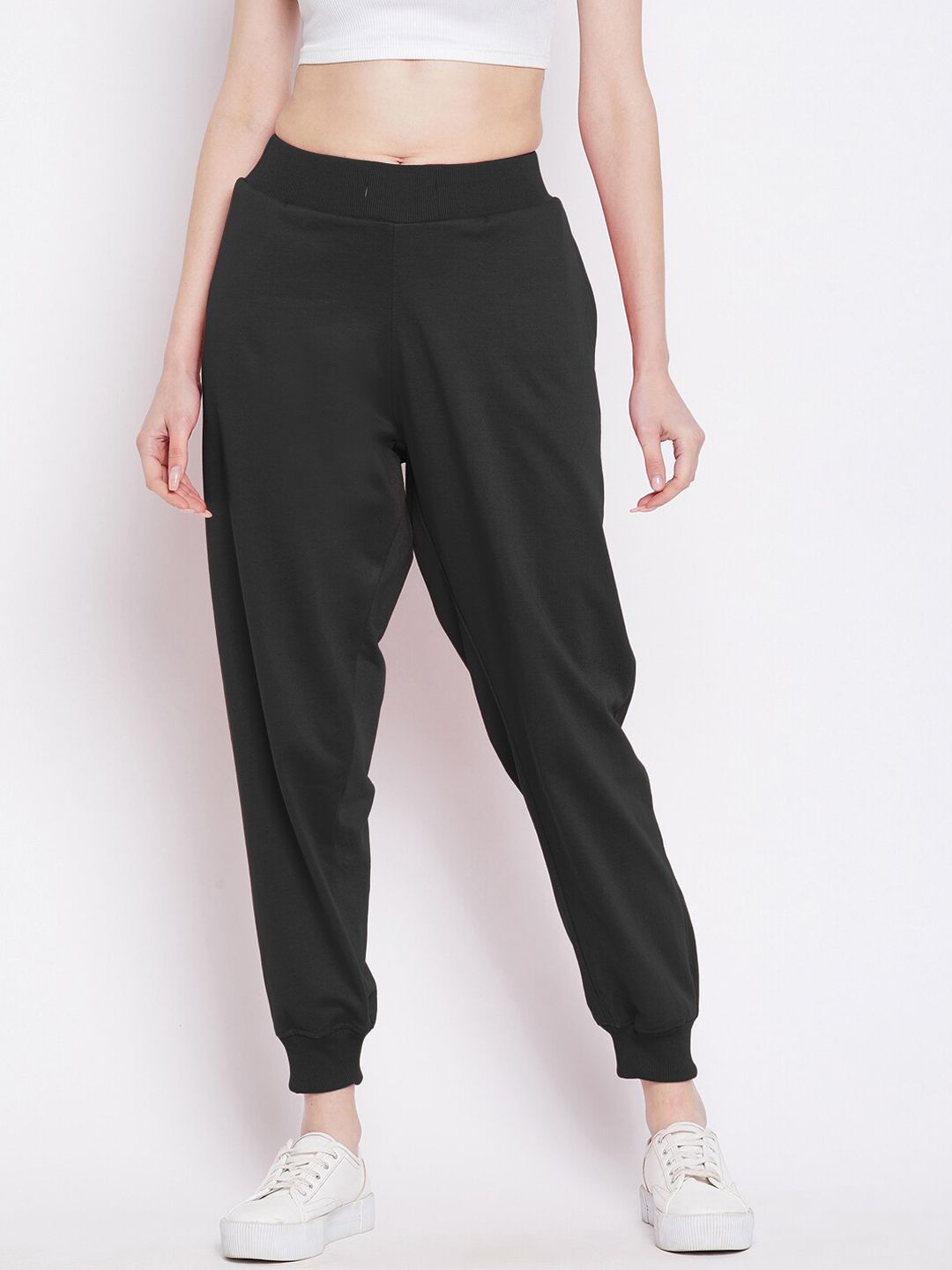 FRENCH FLEXIOUS Women Black Solid Relaxed Fit Joggers Price in India