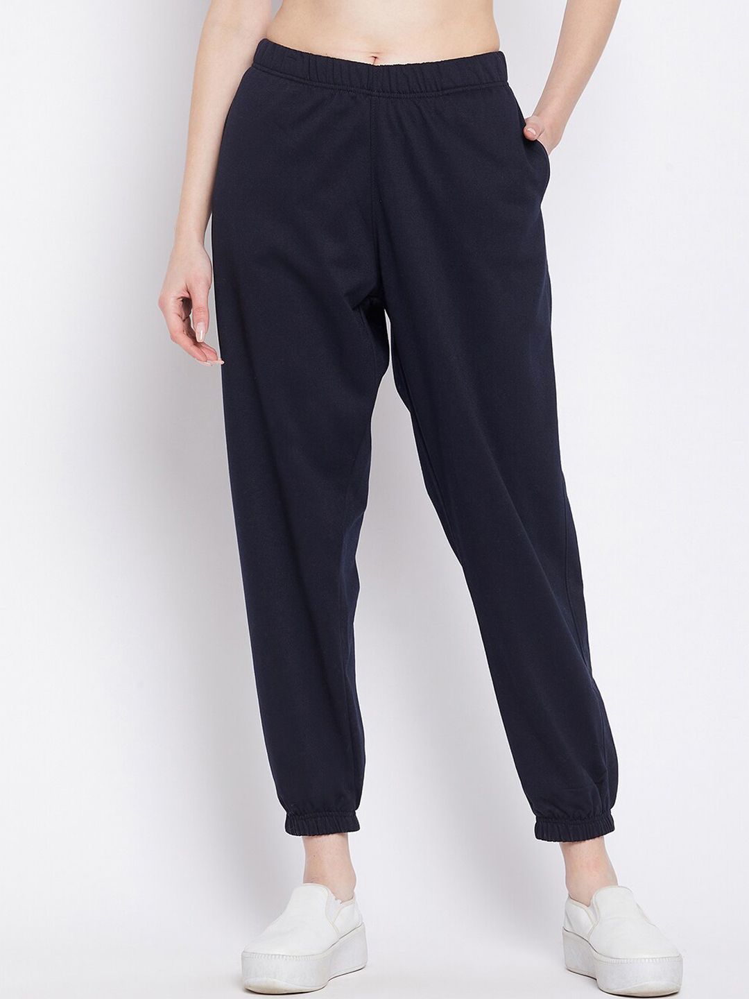 FRENCH FLEXIOUS Women Navy Blue Solid Relaxed Fit Joggers Price in India