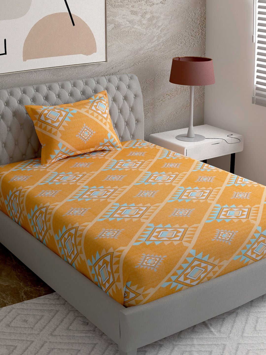 EverHOME Yellow & Blue Geometric 144 TC Single Bedsheet with 1 Pillow Cover Price in India