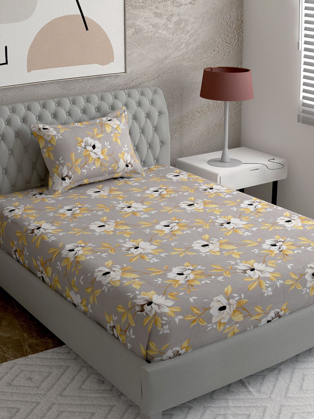 EverHOME Grey & White Floral 144 TC Single Bedsheet with 1 Pillow Cover Price in India