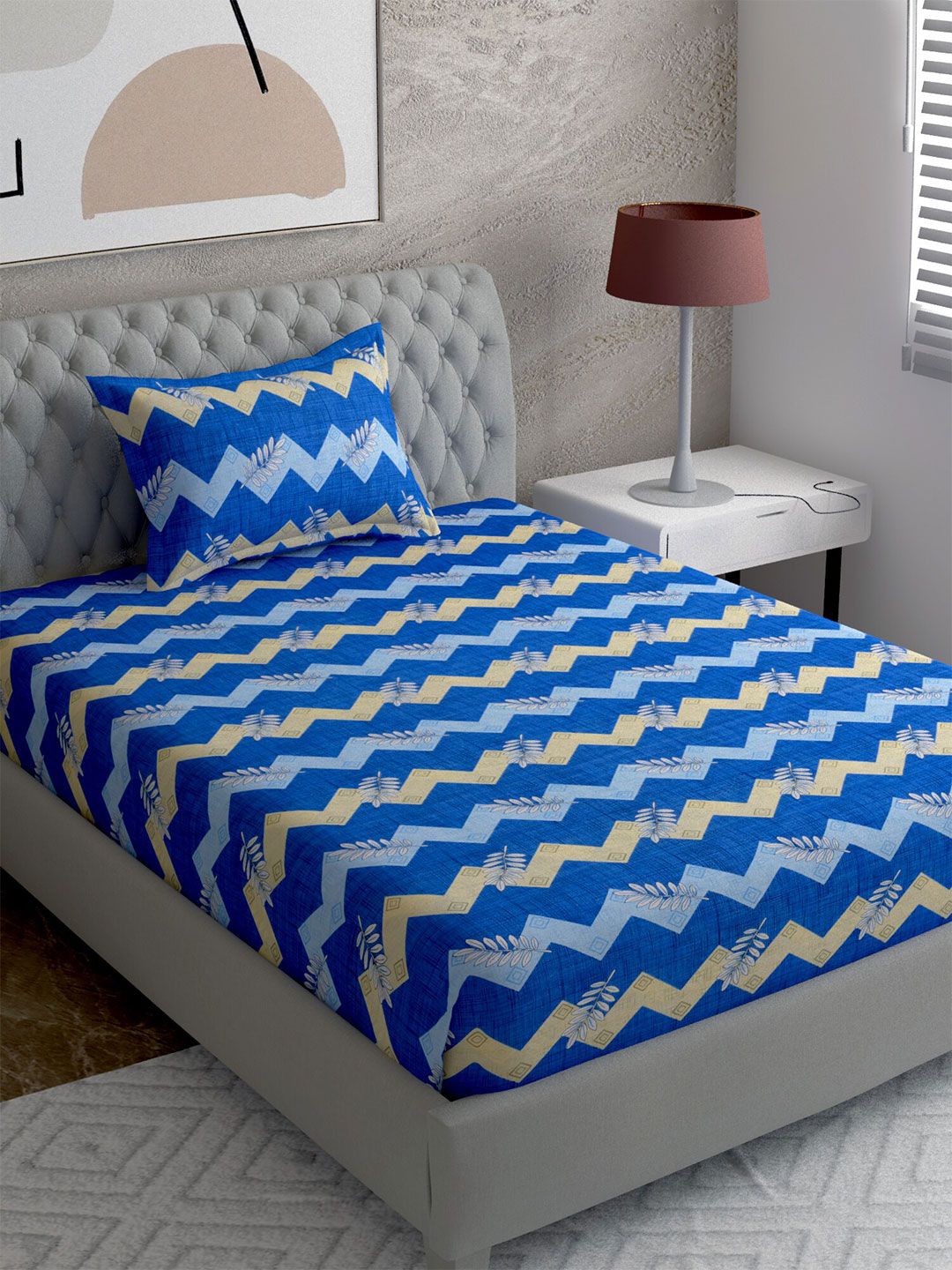 EverHOME Beige & Blue Striped 144 TC Single Bedsheet with 1 Pillow Covers Price in India