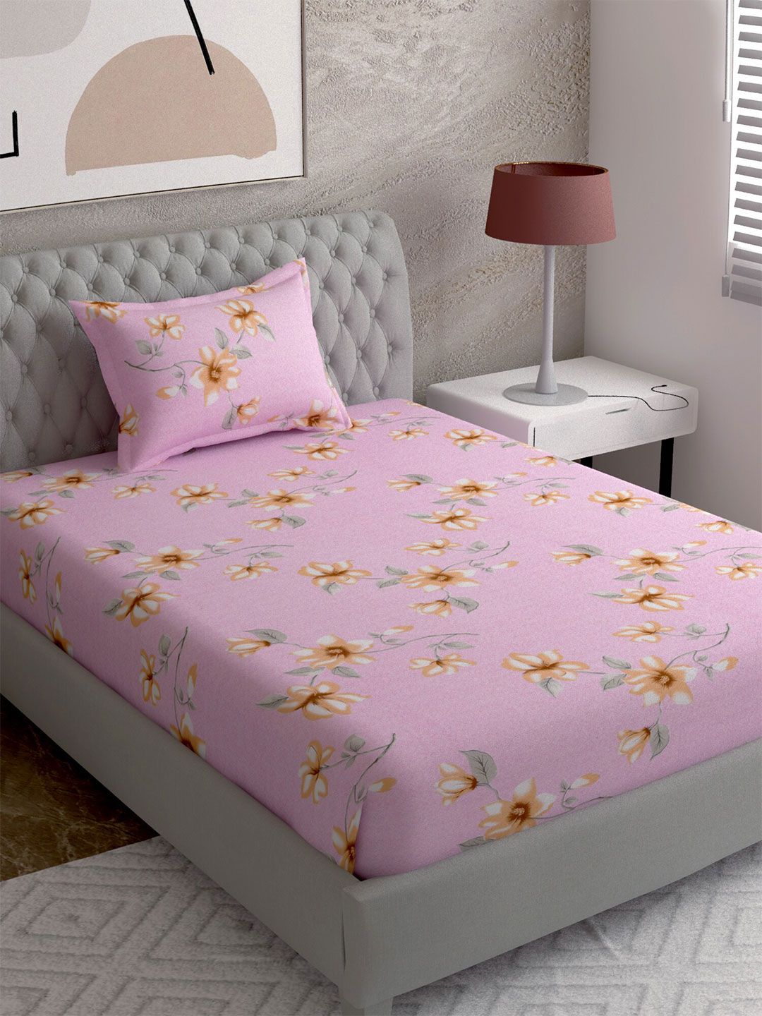 EverHOME Pink & White Floral 144 TC Single Bedsheet with 1 Pillow Covers Price in India