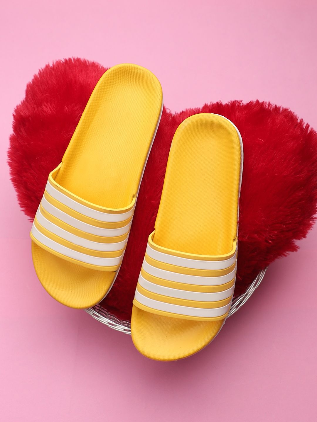 Pampy Angel Women Yellow & White Striped Rubber Sliders Price in India