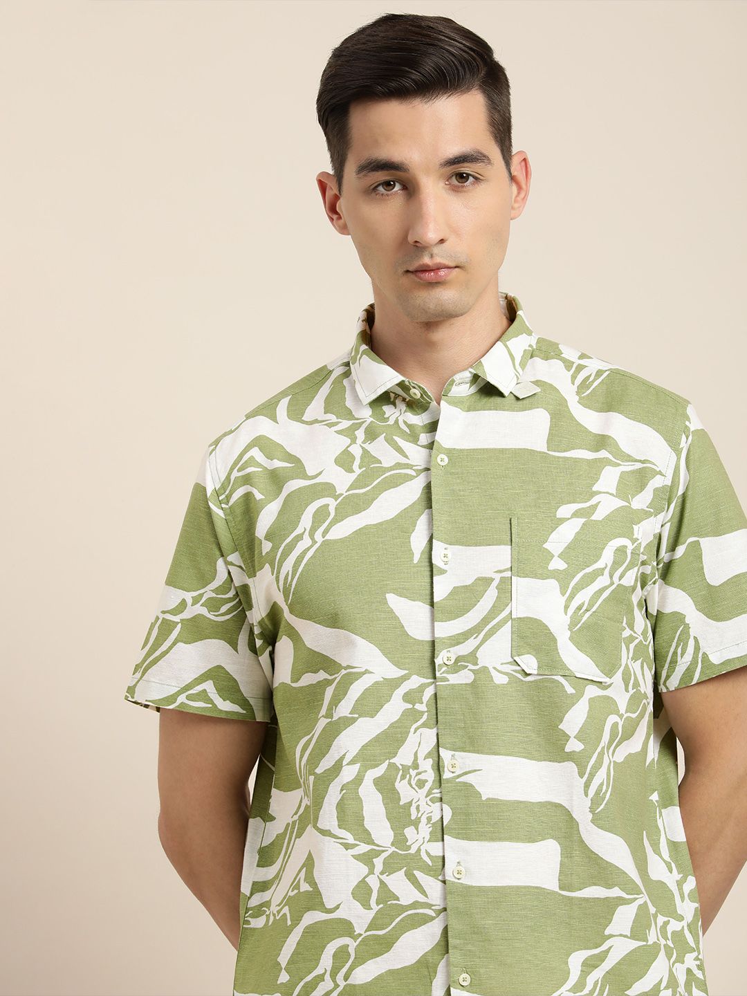 ether Men Olive Green & White Printed Cotton Linen Casual Shirt