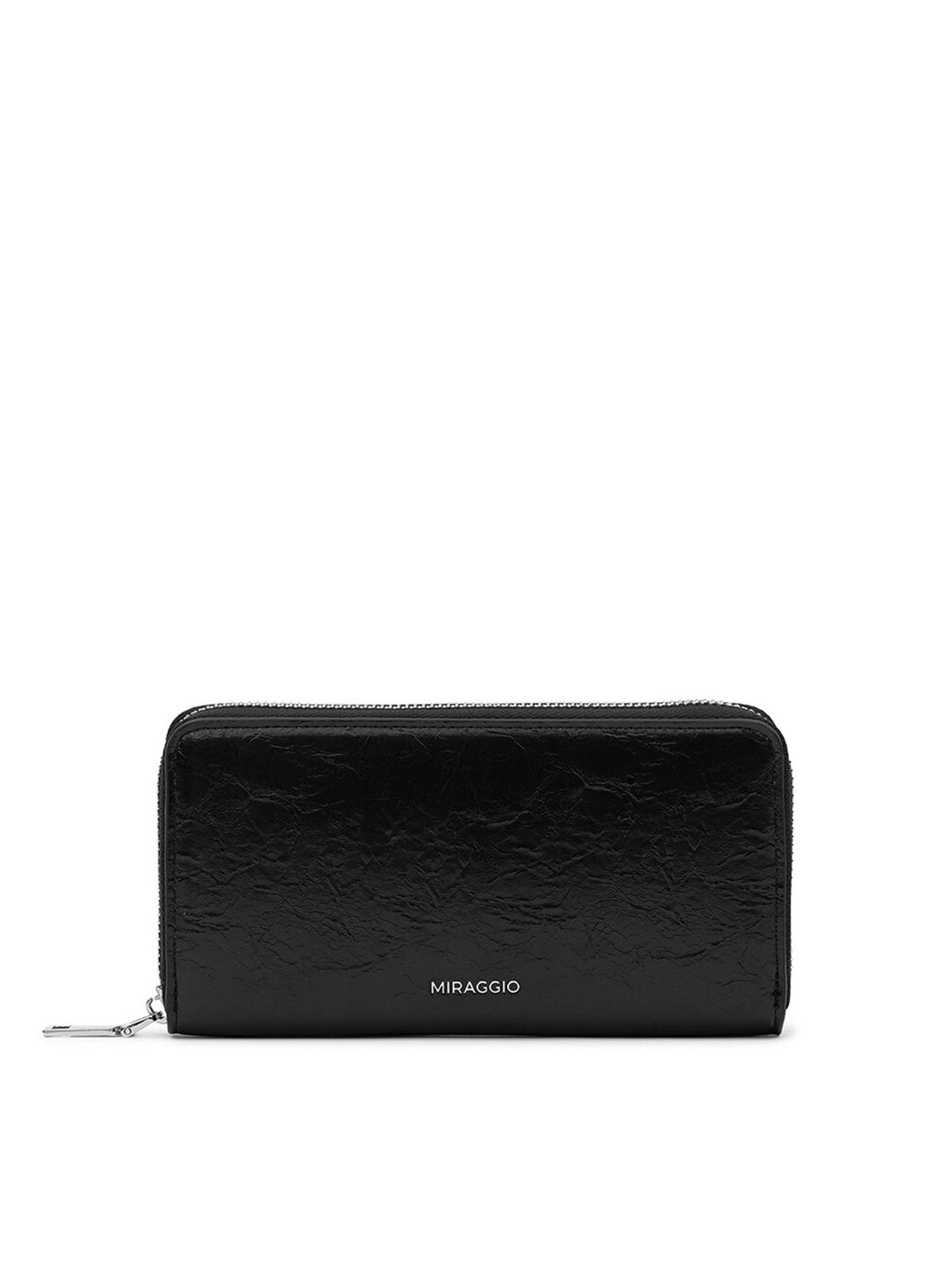 MIRAGGIO Women Black Textured PU Zip Around Wallet Price in India