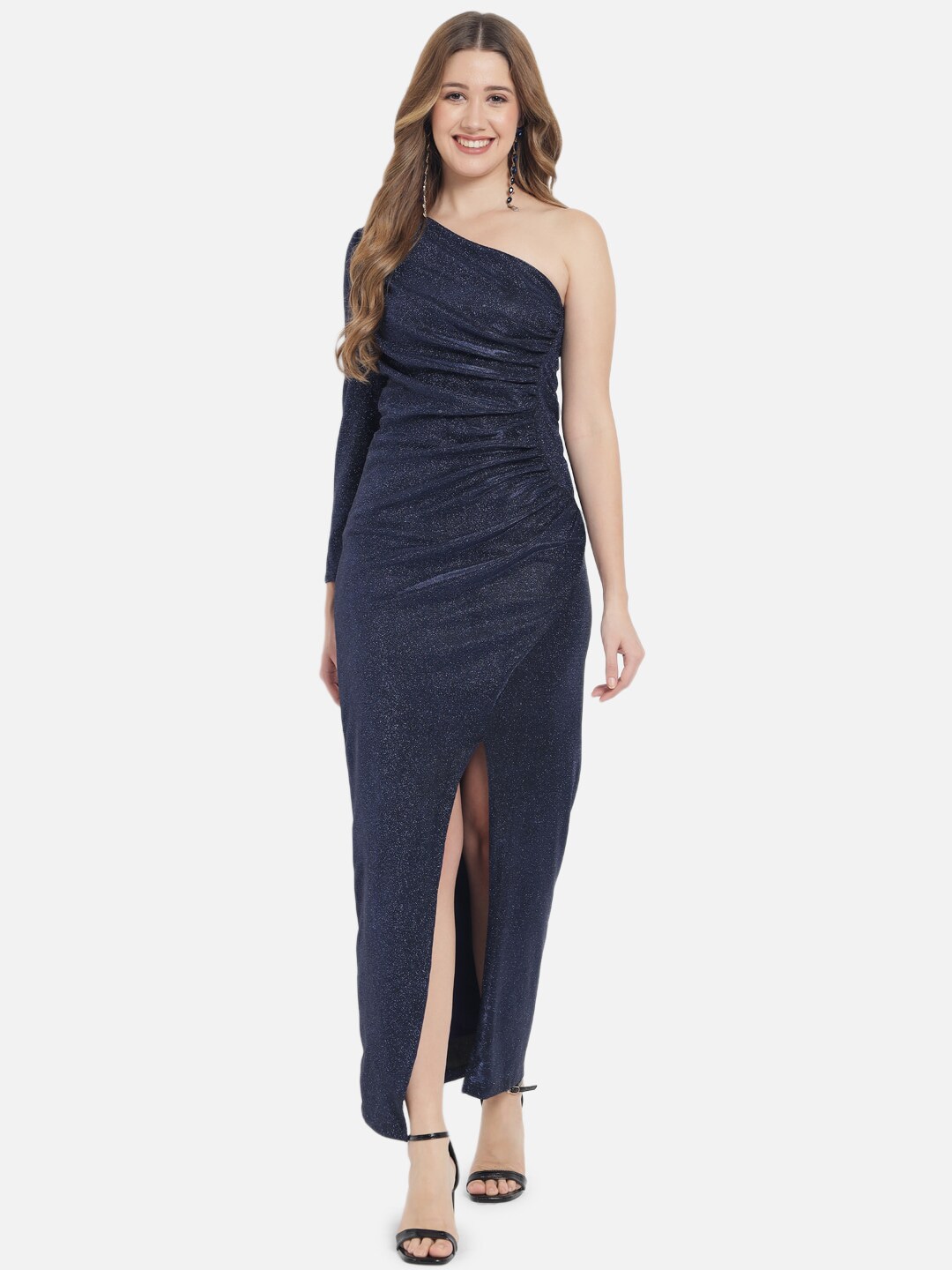Just Wow Navy Blue Embellished One Shoulder Bodycon Maxi Dress Price in India