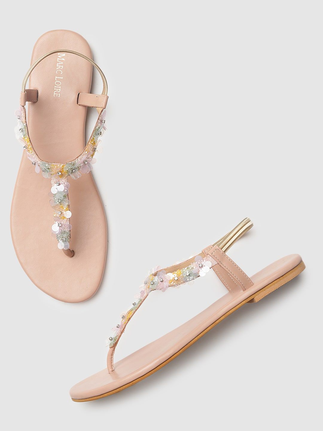 Marc Loire Women Peach Coloured Embellished T-Strap Flats Price in India
