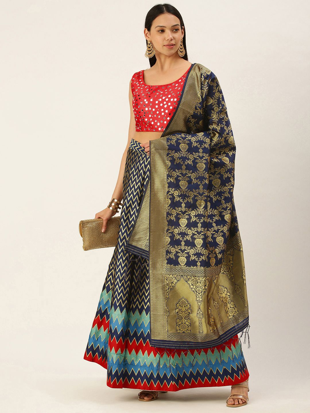 Mameraa Blue & Red Embellished Semi-Stitched Lehenga & Ready to Wear Blouse With Dupatta Price in India