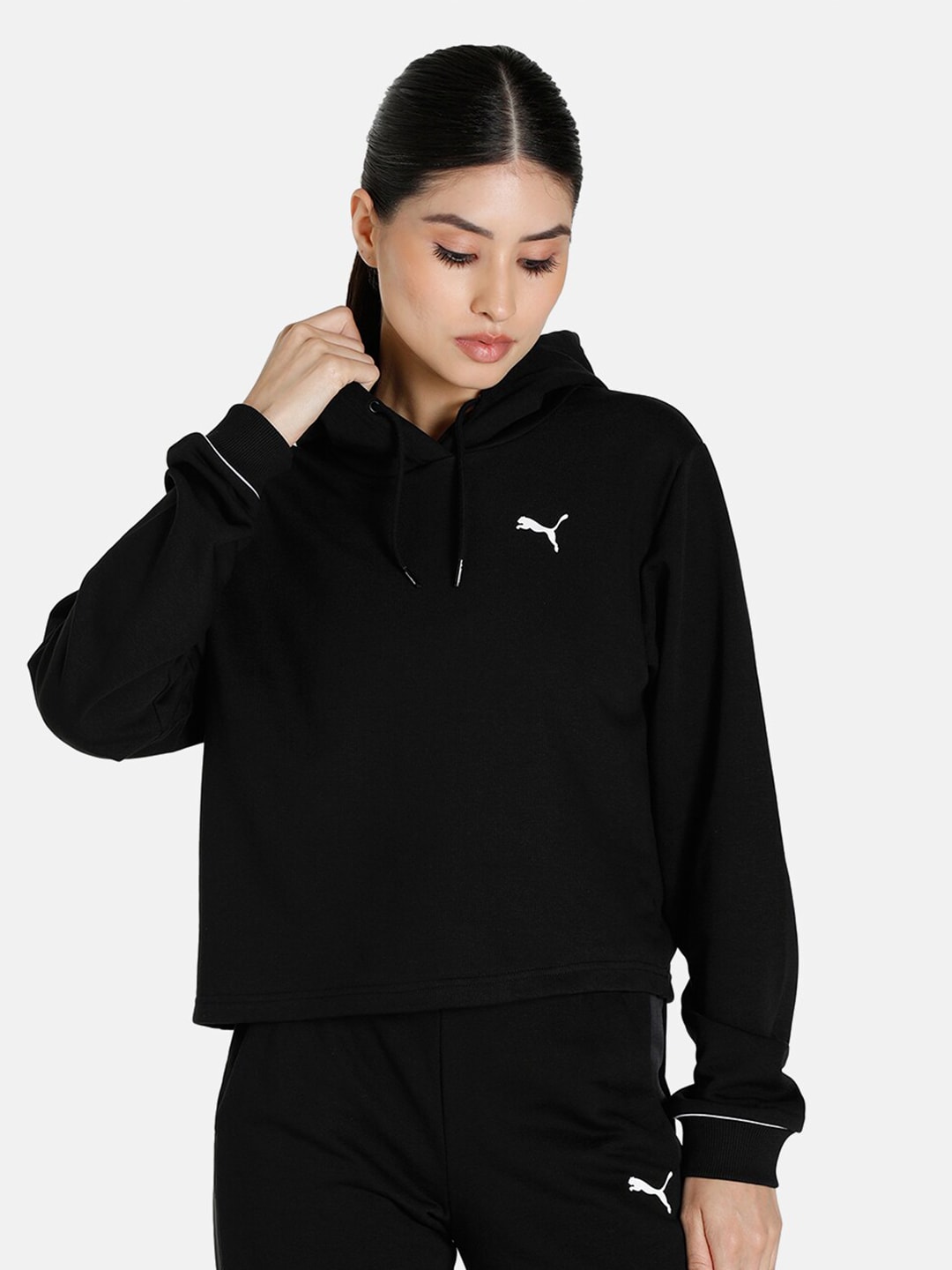 Puma Women Black Solid Relaxed Fit Hooded Sweatshirt Price in India