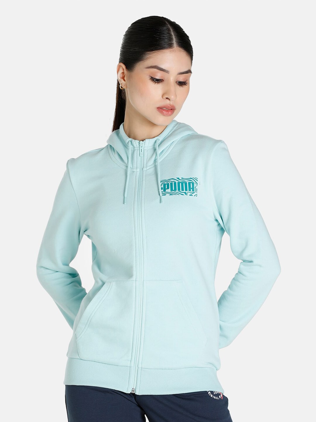 Puma Women Blue Hooded Front-Open Sweater Price in India