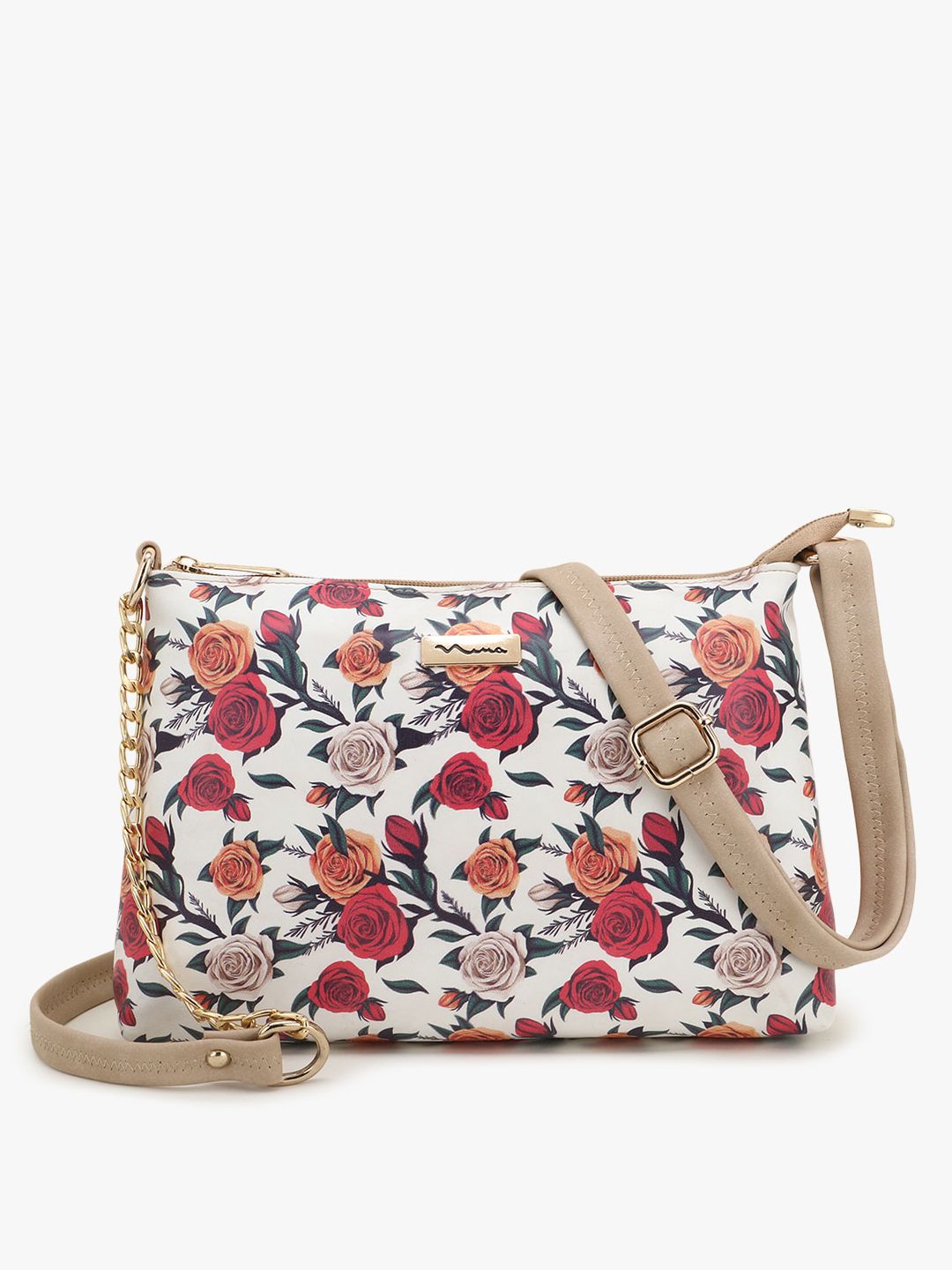 SHINING STAR Cream-Coloured Floral Printed PU Structured Sling Bag Price in India
