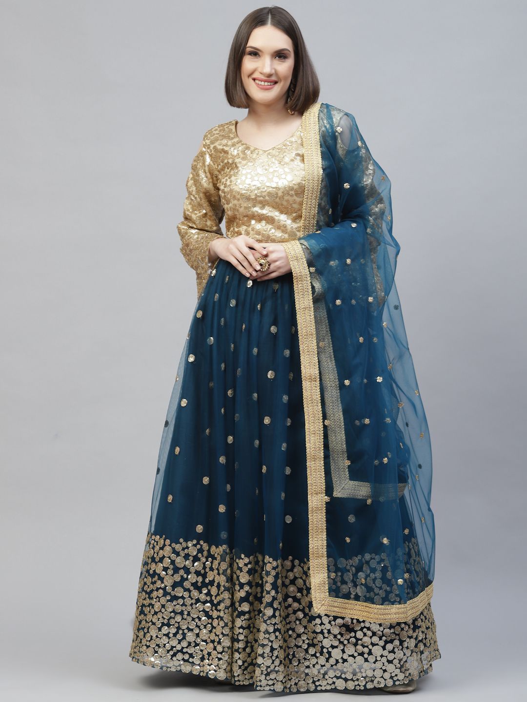 Readiprint Fashions Blue & Gold Embellished Sequinned Semi-Stitched Lehenga Set Price in India