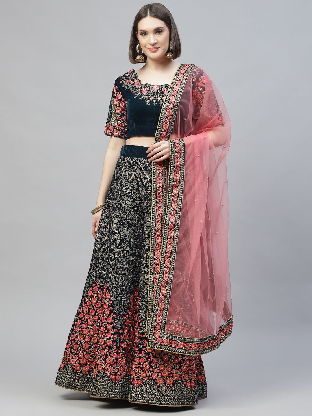 Readiprint Fashions Teal Green & Pink Embroidered Beads & Stones Semi-Stitched Lehenga Set