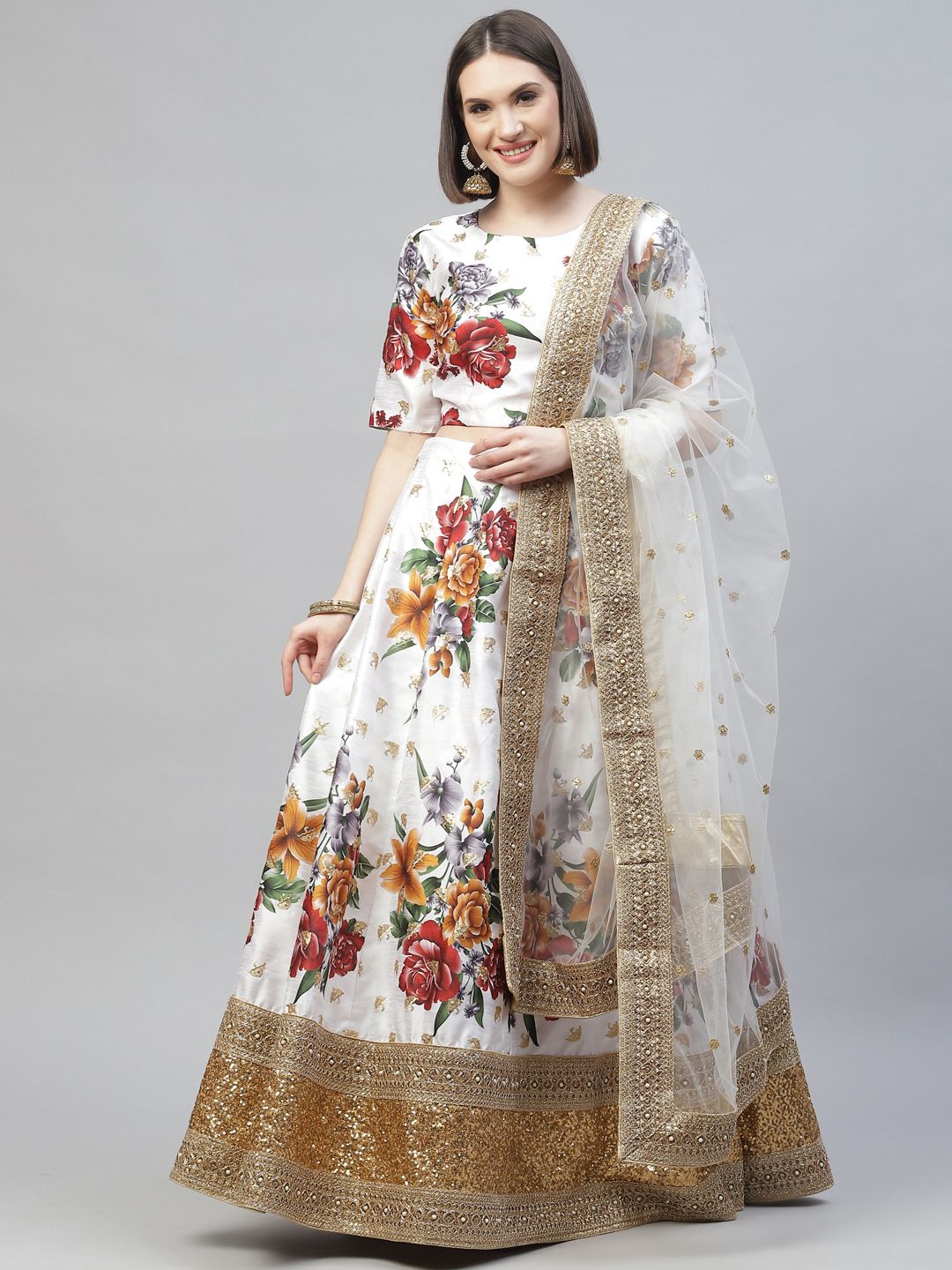 Readiprint Fashions White & Red Printed Sequinned Semi-Stitched Lehenga & Unstitched Blouse With Dupatta Price in India