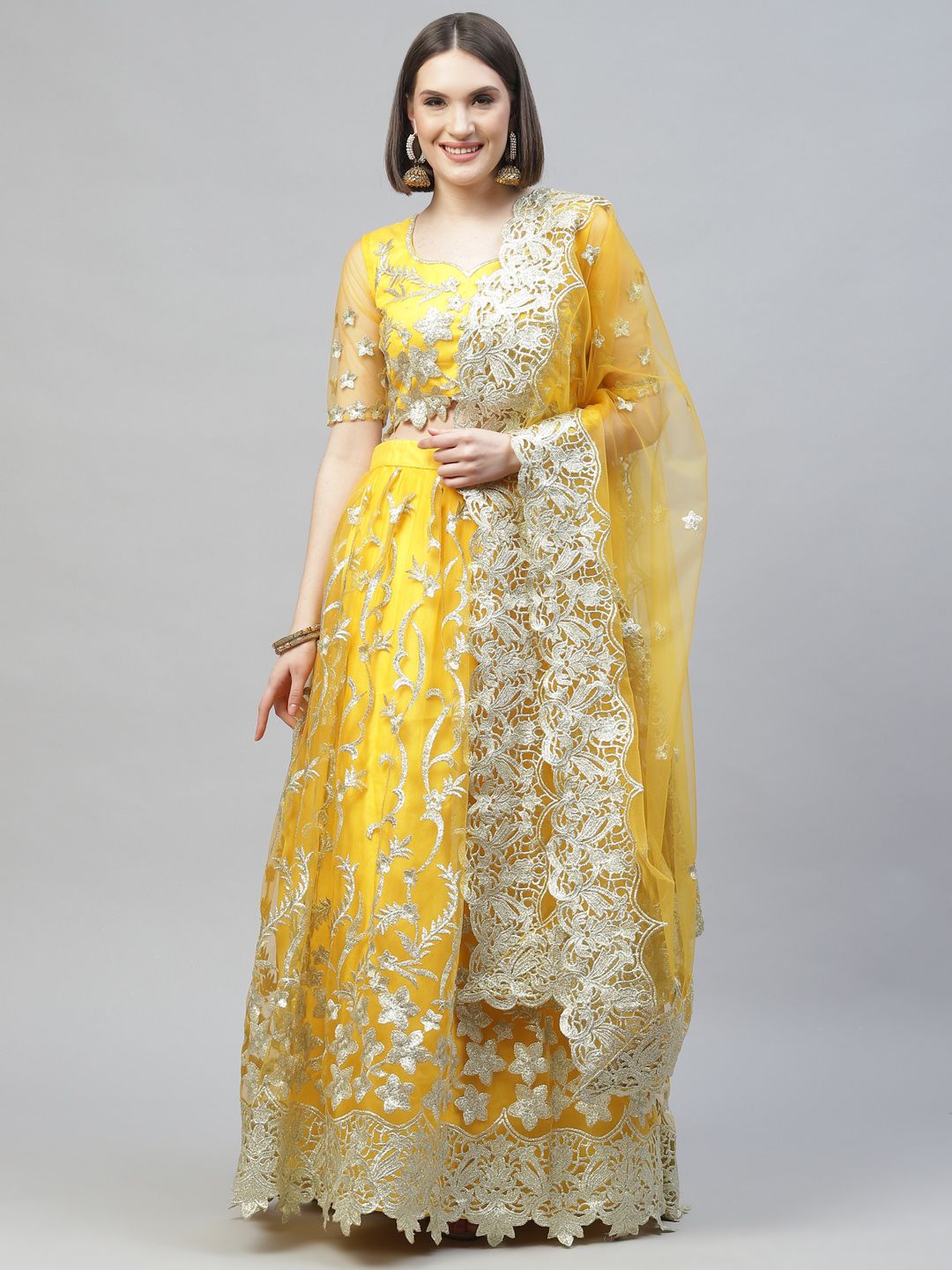 Readiprint Fashions Yellow & Gold-Toned Embroidered Thread Work Semi-Stitched Lehenga & Unstitched Blouse Price in India