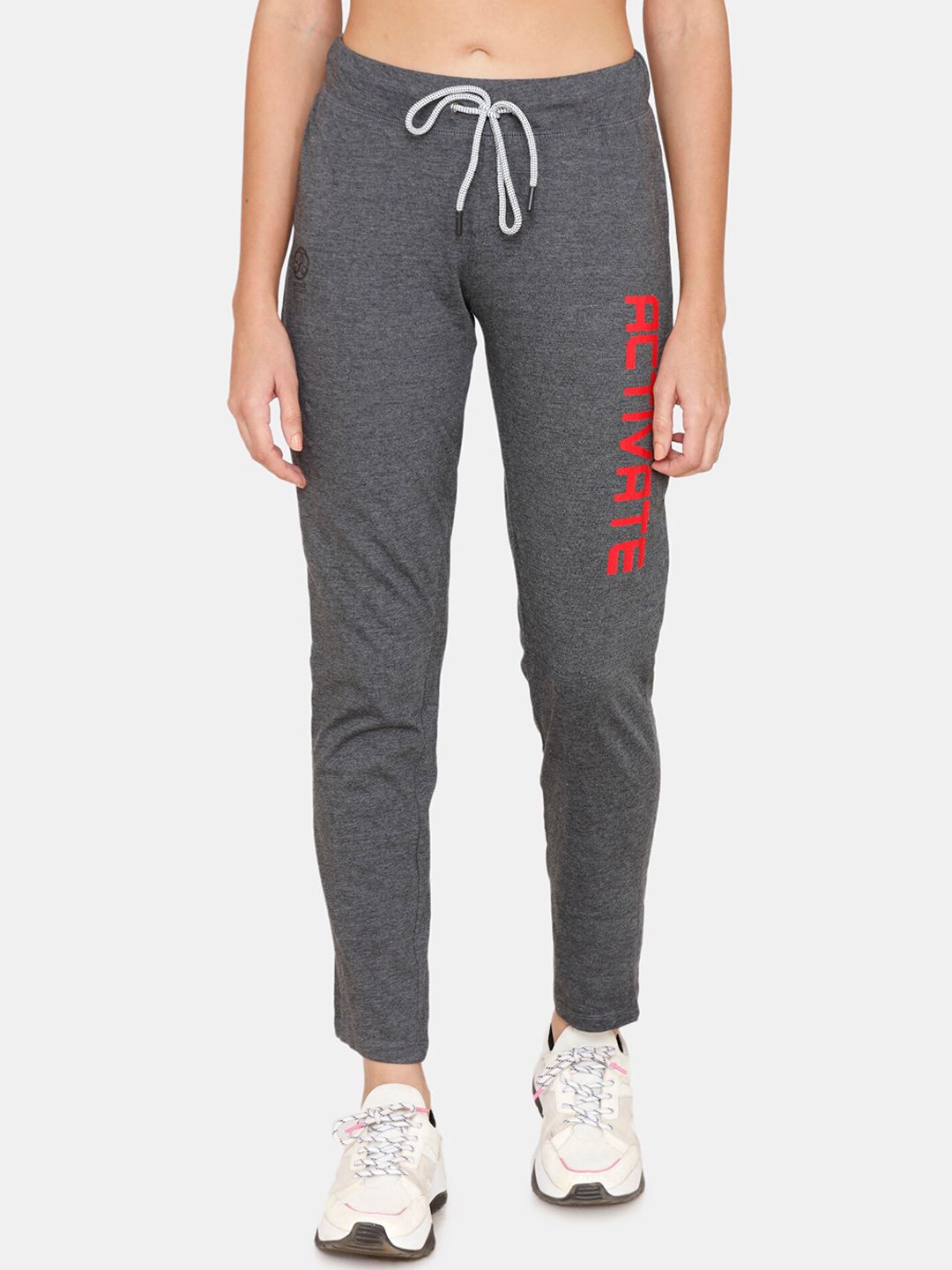 Rosaline by Zivame Women Grey & Red Typography Printed Straight-Fit Track Pant Price in India