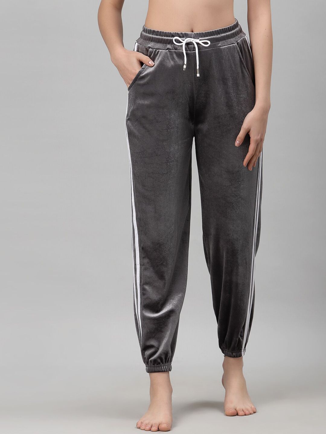 NEUDIS Women Grey & White Solid Velvet Finish Lounge Pants Price in India