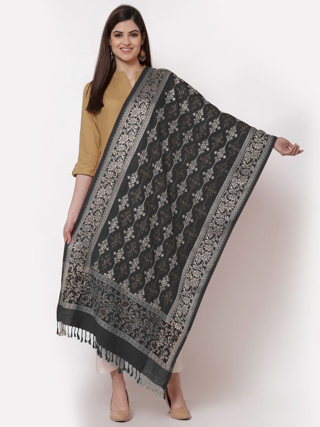 KLOTTHE Women Black & Silver-Toned Embroidered Stole Price in India