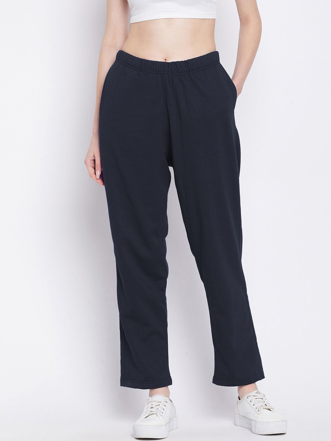 FRENCH FLEXIOUS Women Navy Blue Solid Relaxed-Fit Track Pants Price in India
