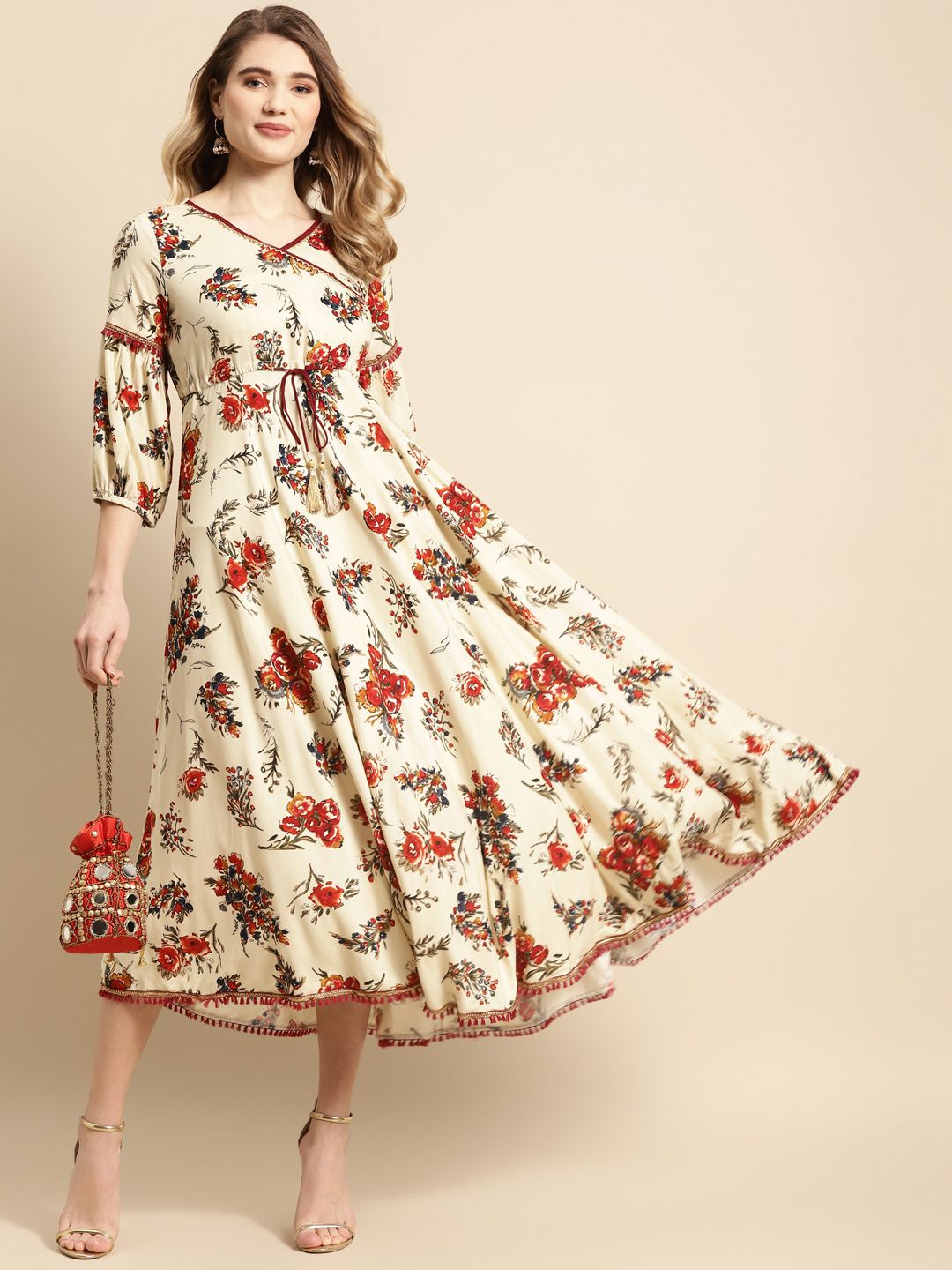 RANGMAYEE Off White & Red Floral A-Line Midi Dress Price in India