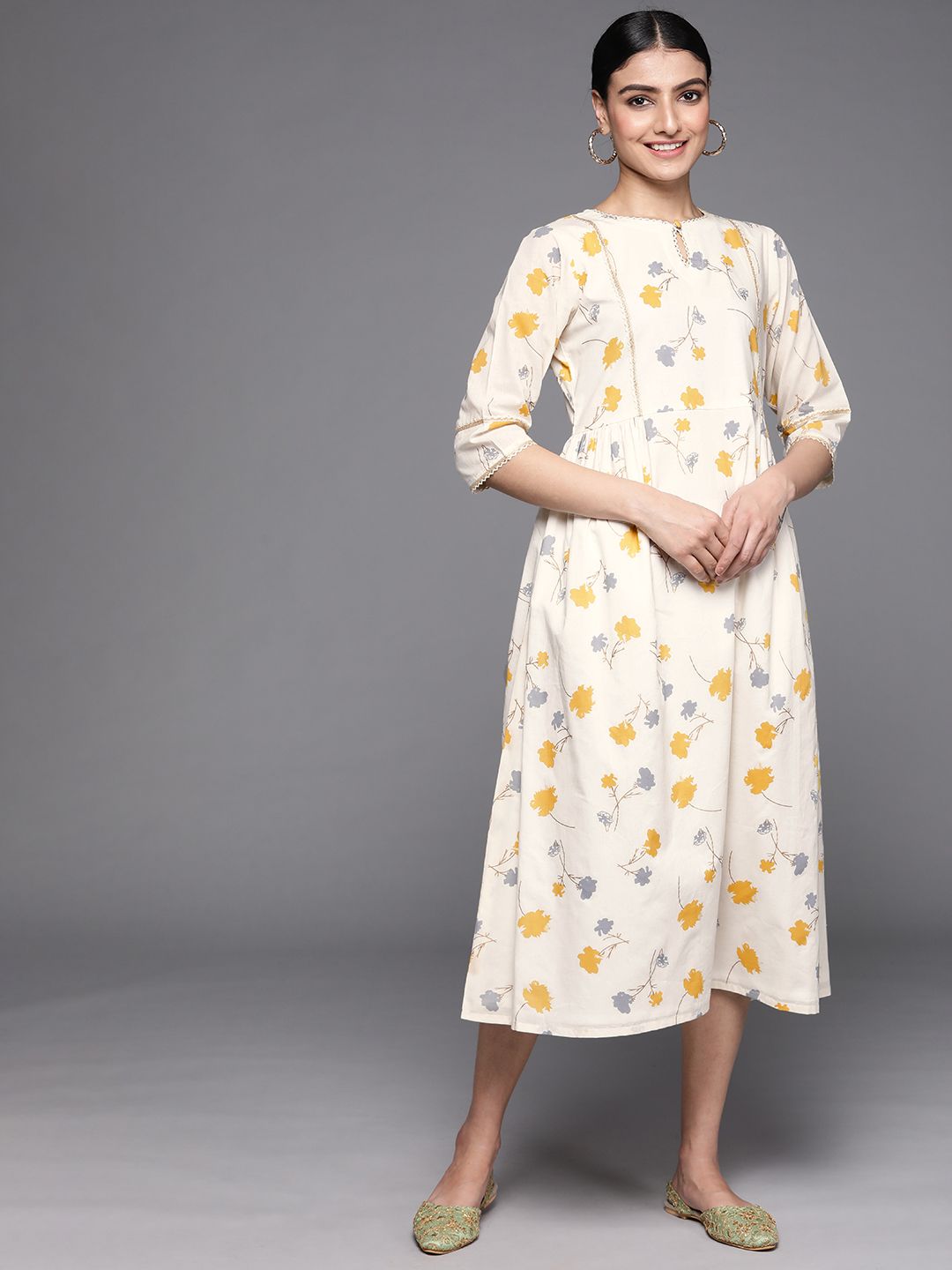 Libas Women Off White & Yellow Floral Printed A-Line Midi Dress With Gota Lace Detail Price in India