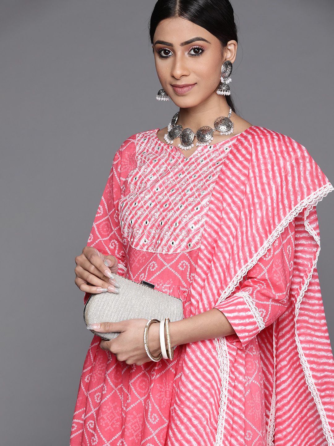 Libas Women Pink Bandhani Printed Empire Pure Cotton Kurta with Trousers & With Dupatta