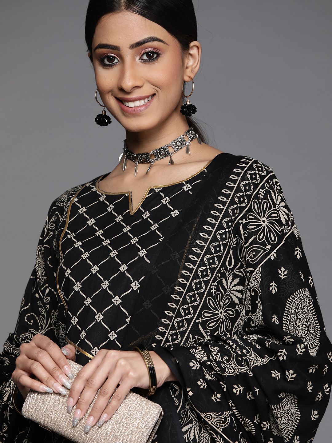 Libas Women Black Floral Printed Gotta Patti Pure Cotton Kurta with Palazzos & With Dupatta