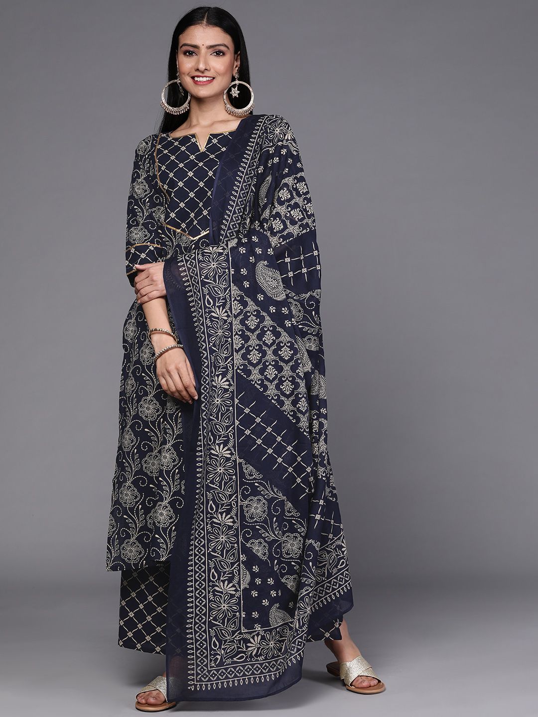 Libas Women Navy Blue Ethnic Motifs Printed Panelled Pure Cotton Kurta with Palazzos & With Dupatta Price in India