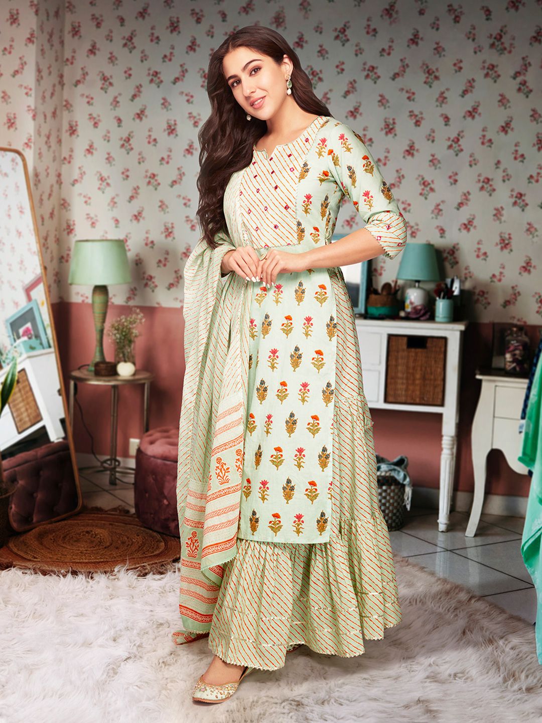 Libas Women Green Floral Printed Pure Cotton Kurta with Skirt & With Dupatta Price in India