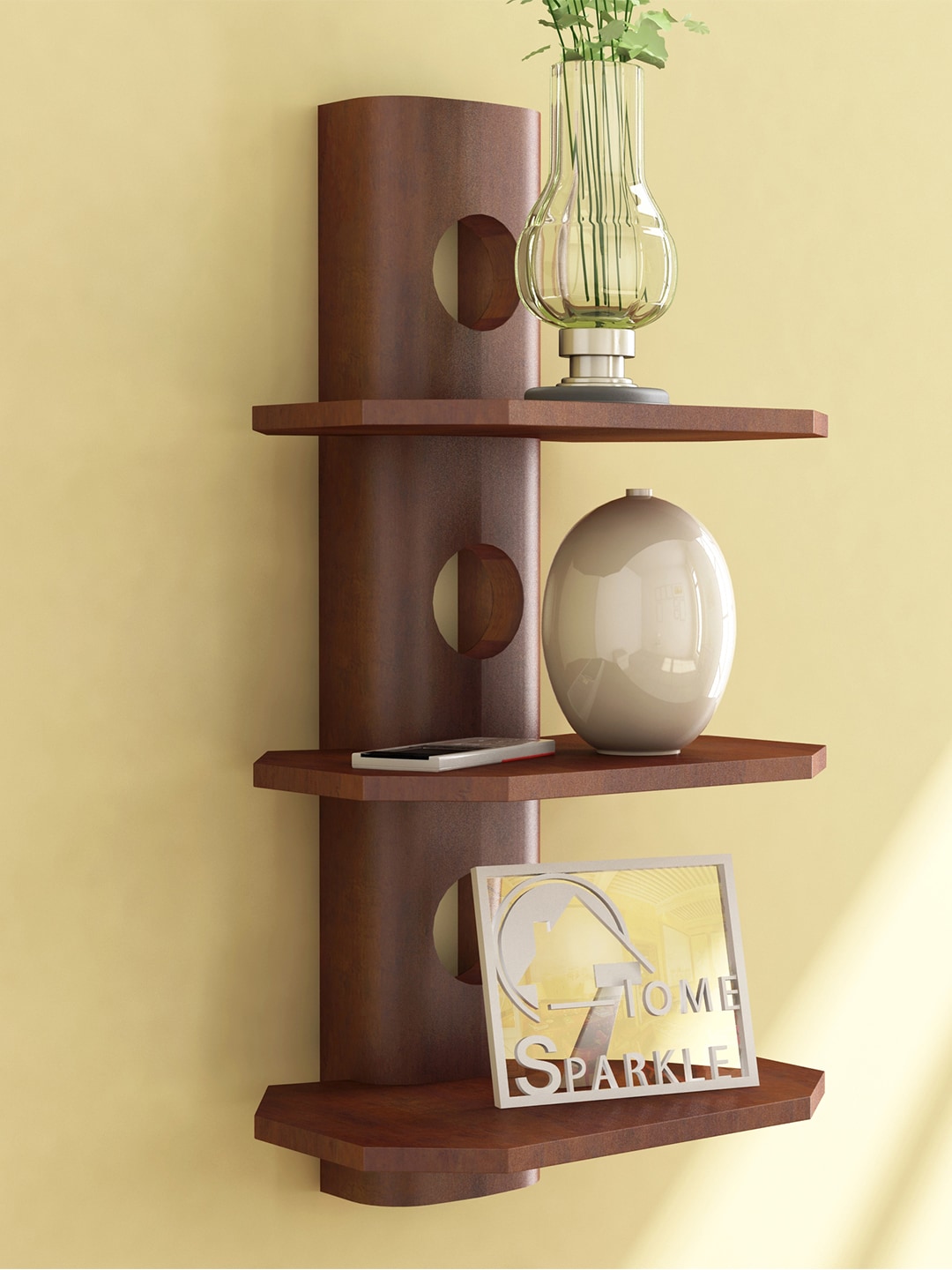 Home Sparkle Brown Mango Wood 3 Tier Wall Shelf Price in India