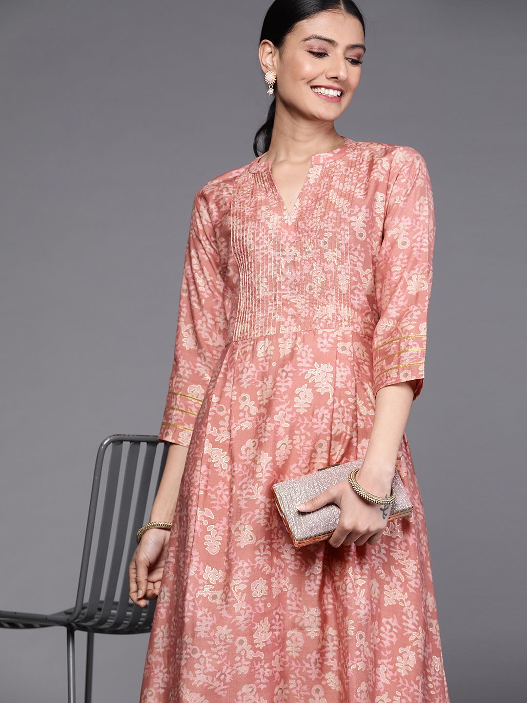 Libas Pink & Beige Ethnic Print A-Line Midi Dress Price in India