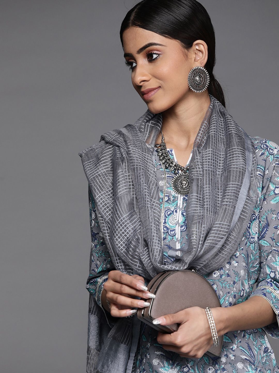 Libas Women Grey Floral Printed Pure Cotton Kurta with Palazzos & With Dupatta Price in India