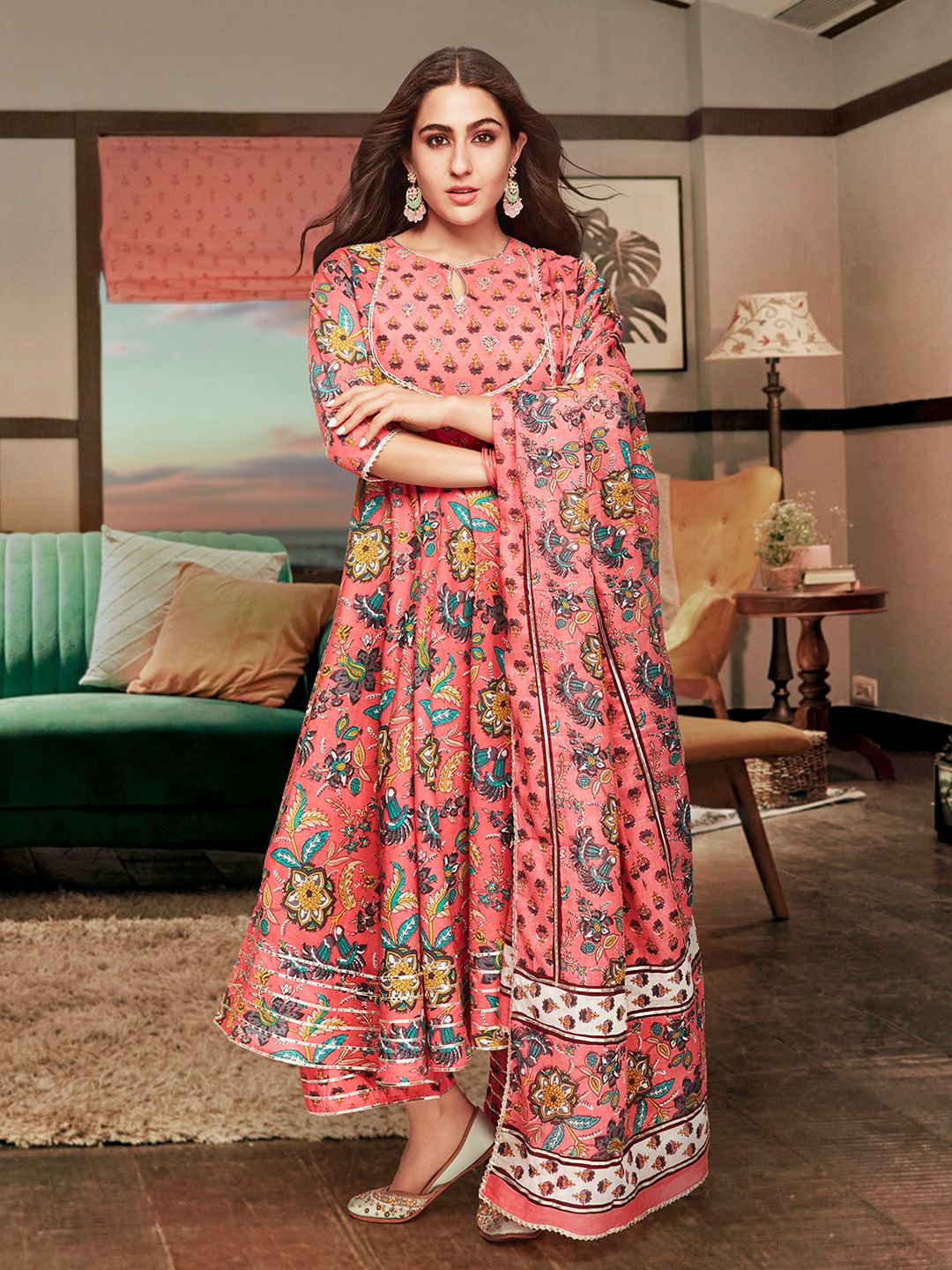 Libas Women Pink Floral Printed Panelled Pure Cotton Kurta with Palazzos & With Dupatta Price in India