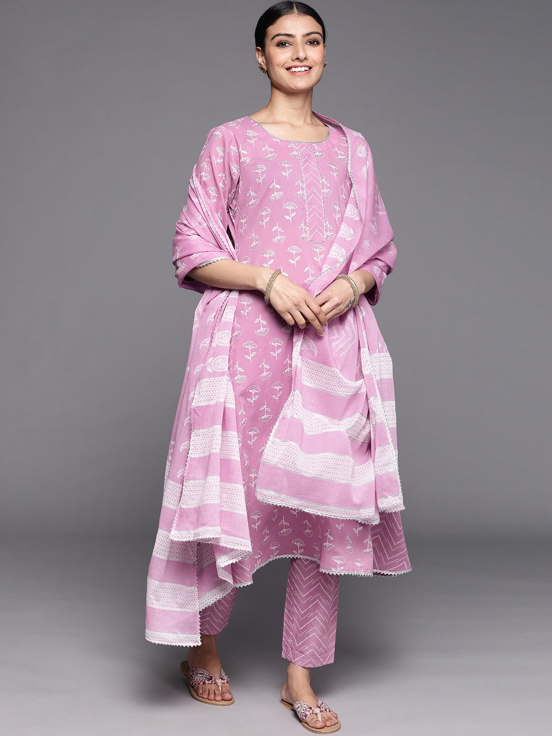 Libas Women Lavender Floral Printed Pure Cotton Kurta Set with Dupatta Price in India