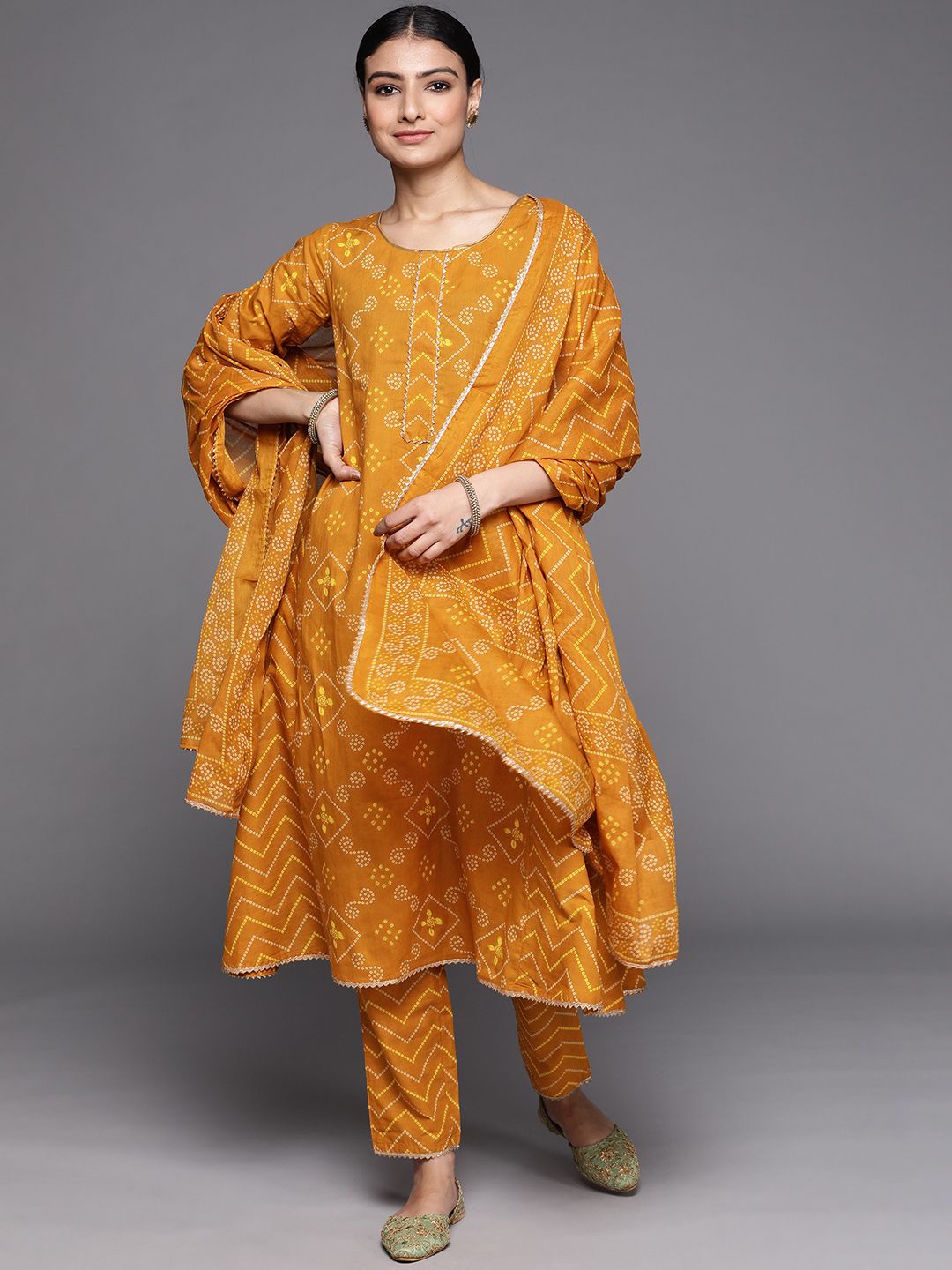 Libas Women Mustard Yellow Bandhani Printed Gotta Patti Pure Cotton Kurta with Trousers & With Dupatta Price in India