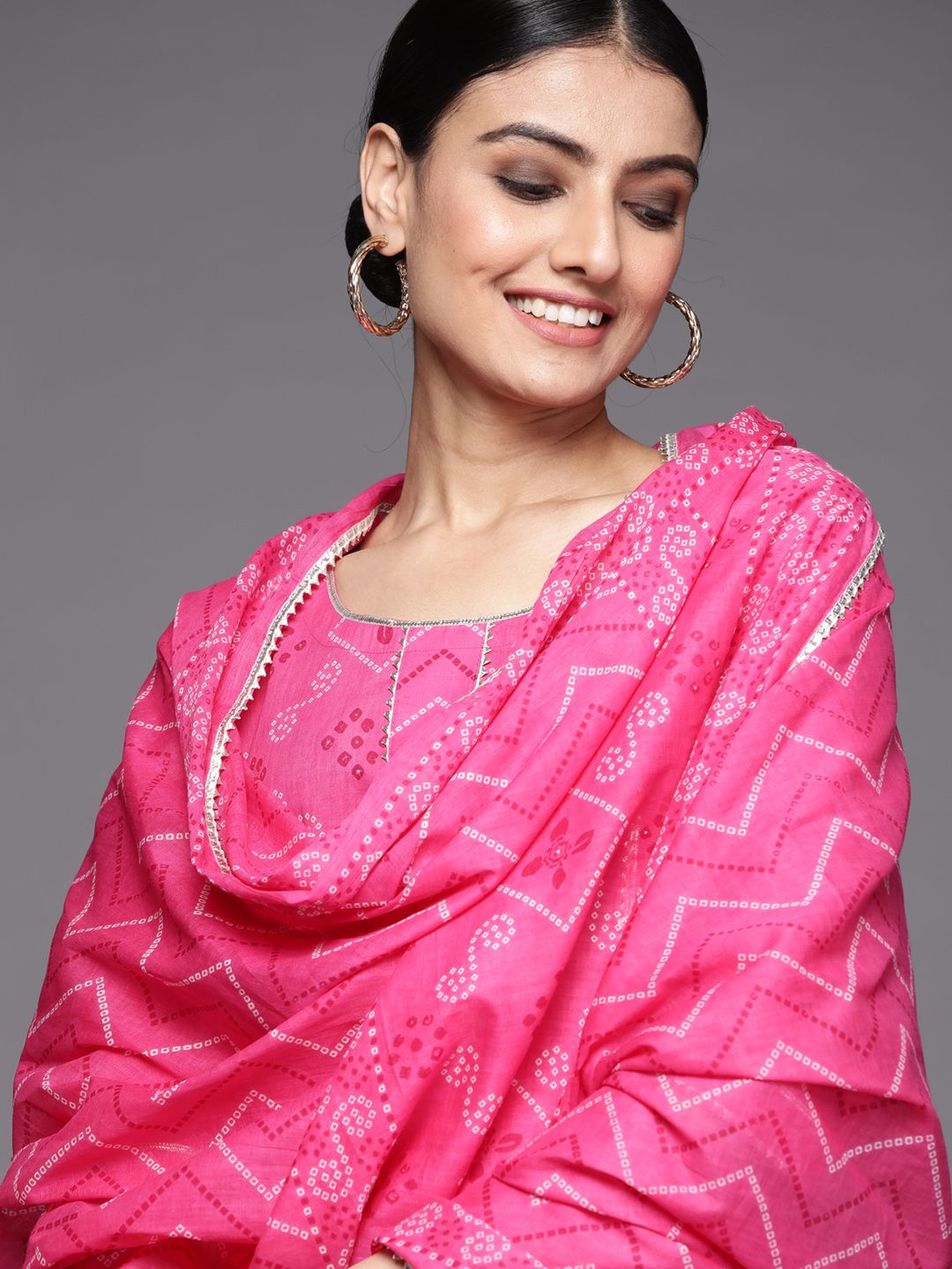 Libas Women Pink Pure Cotton Bandhani Printed Gotta Patti Kurta Set & Dupatta Price in India