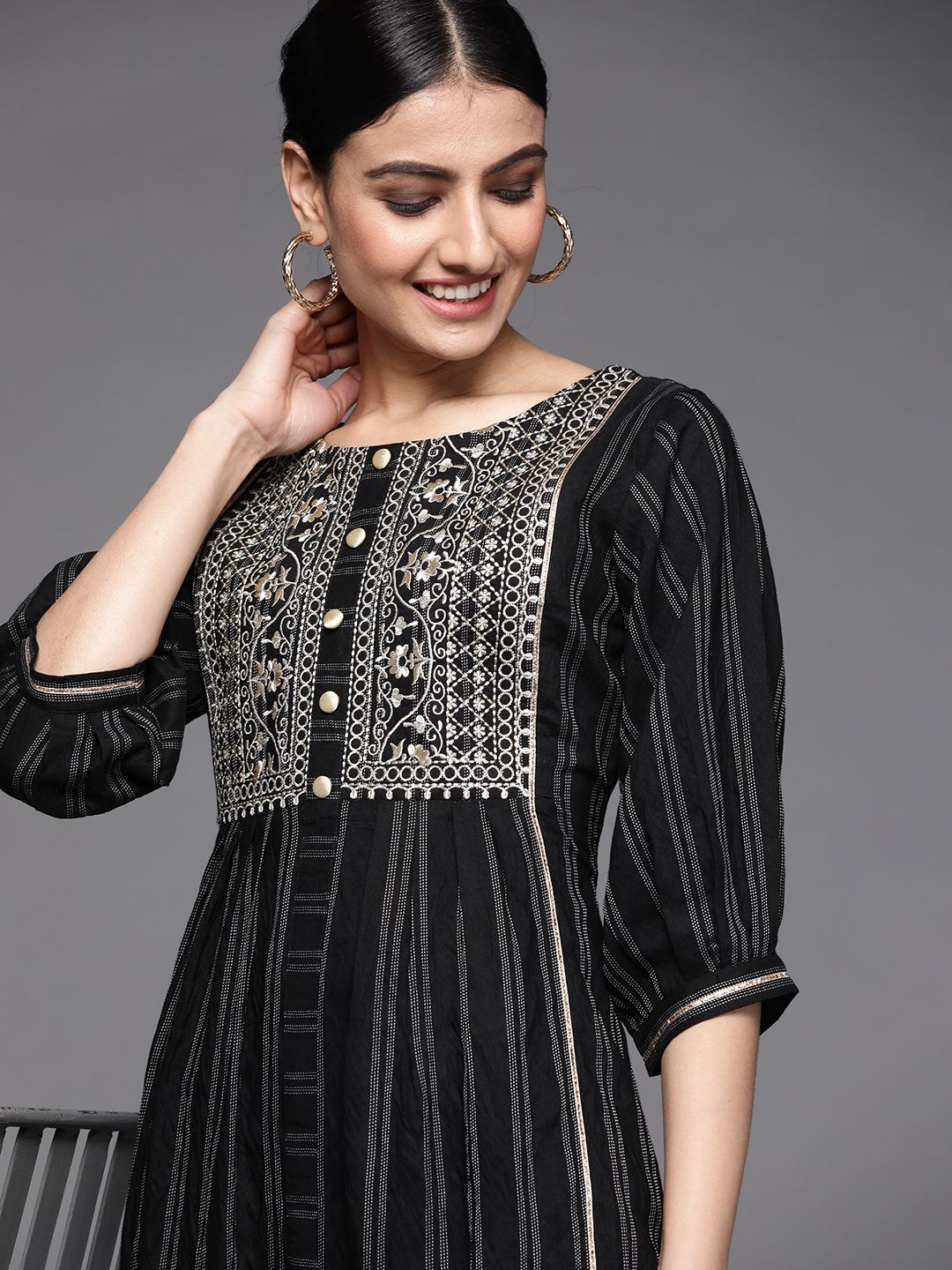 Libas Women Black & White Ethnic Motifs Embroidered A-Line Midi Dress Price in India