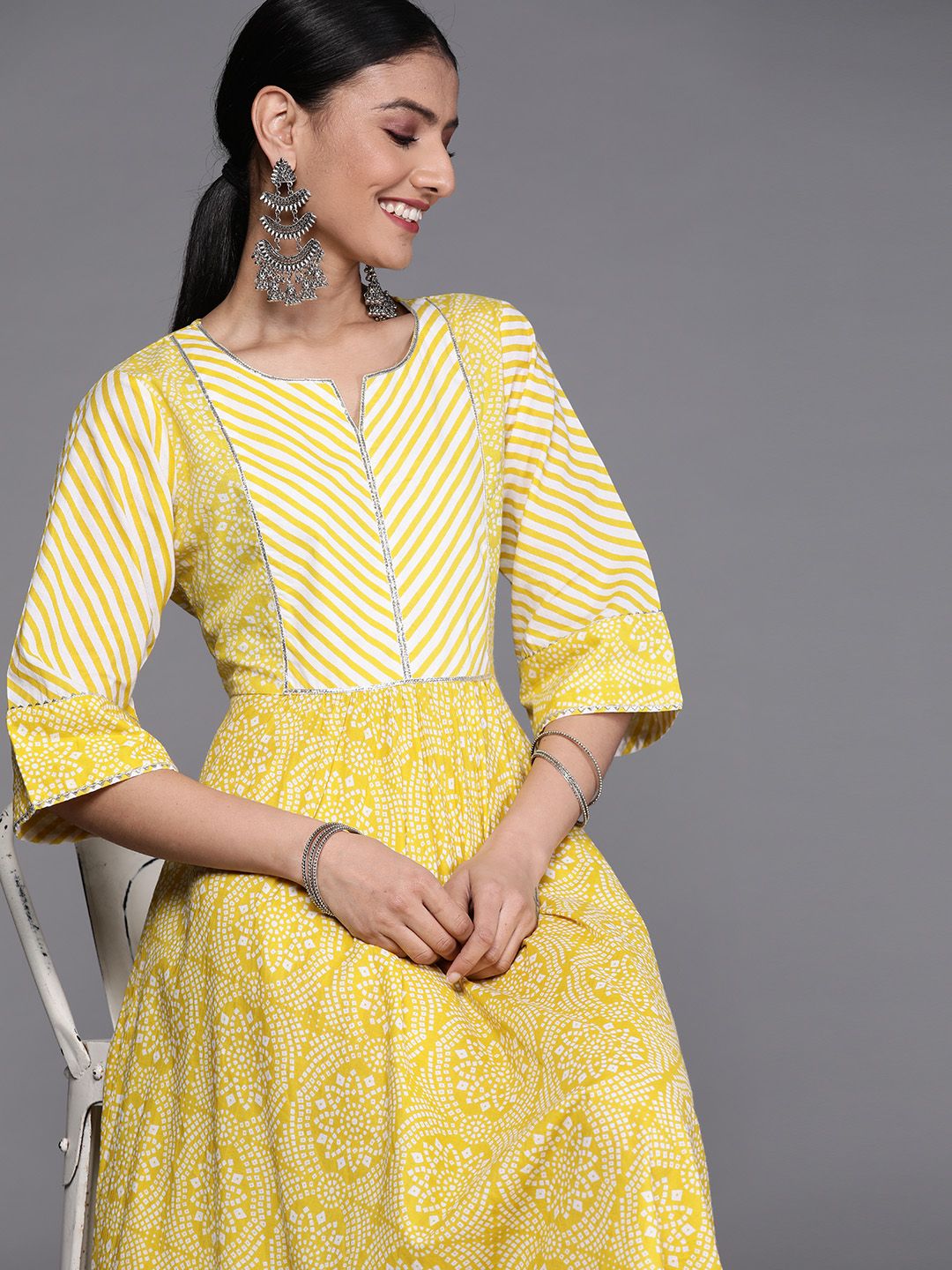 Libas Yellow & White Ethnic Printed Cotton Maxi Dress Price in India