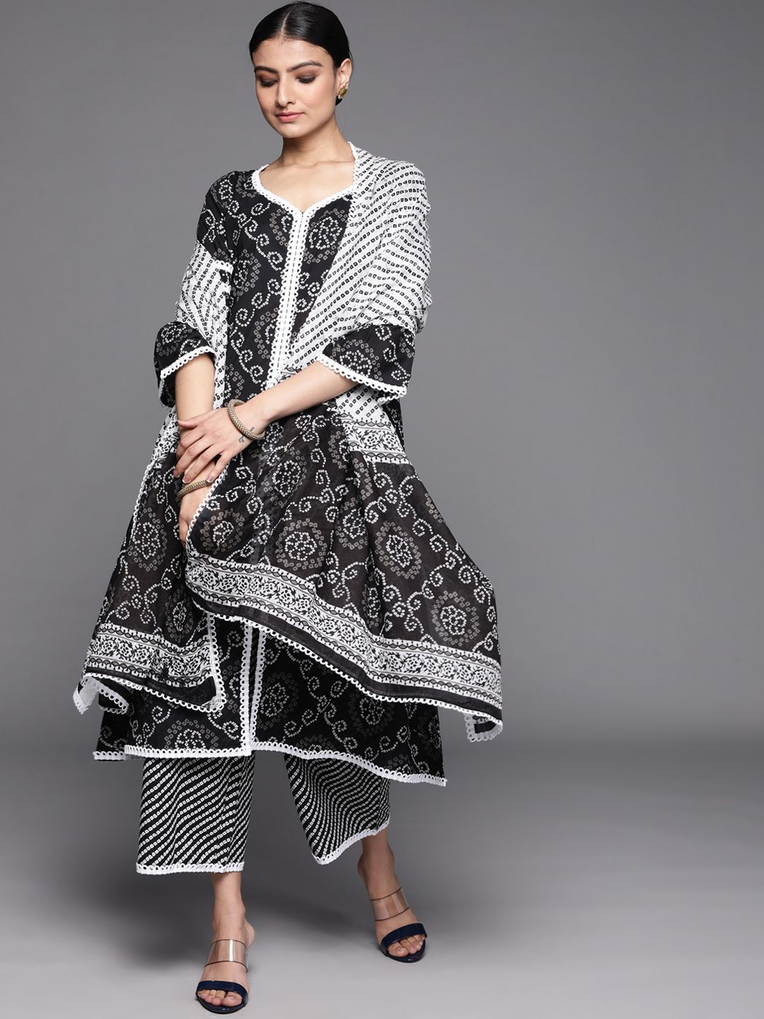 Libas Women Black Bandhani Printed Pure Cotton Kurta with Palazzos & With Dupatta Price in India