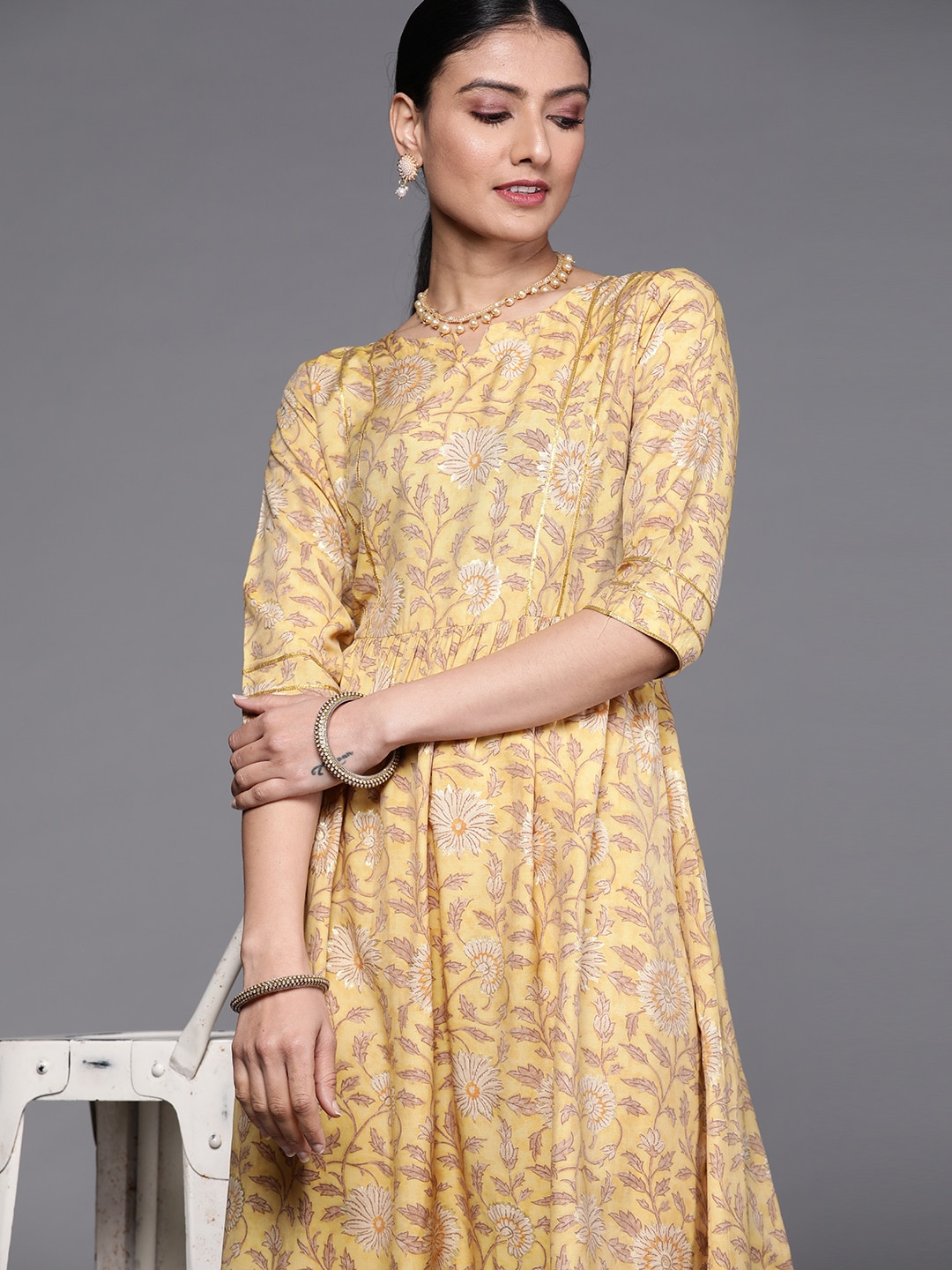 Libas Mustard Yellow & Off White Floral Printed A-Line Midi Dress Price in India