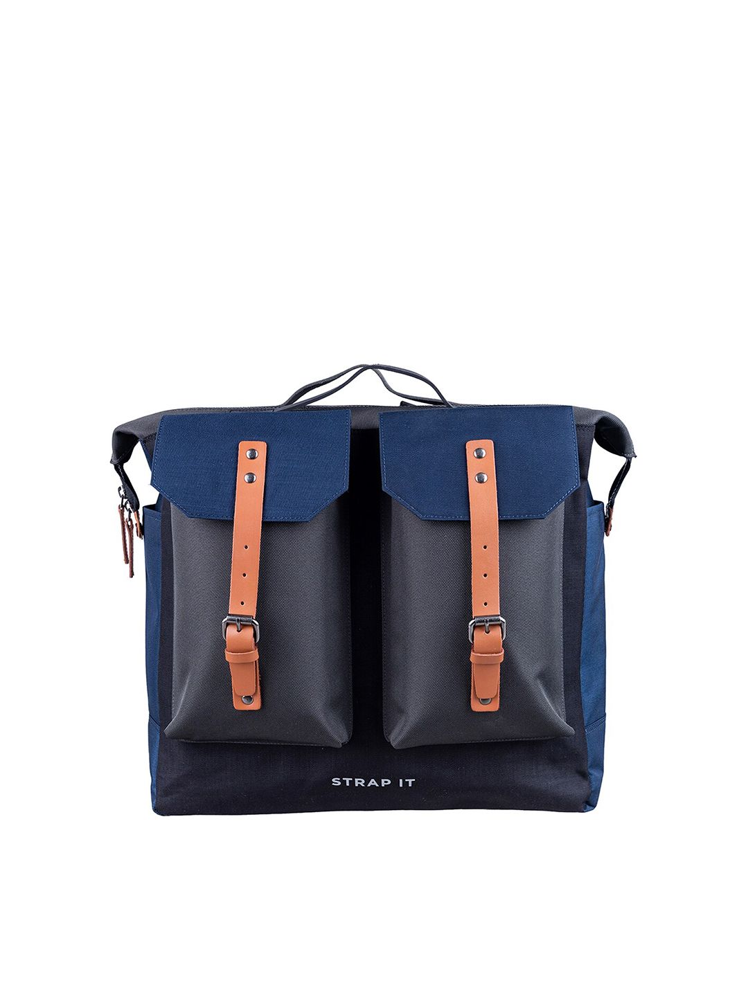 STRAP IT Unisex Blue & Black Leather Backpack with Shoe Pocket Price in India